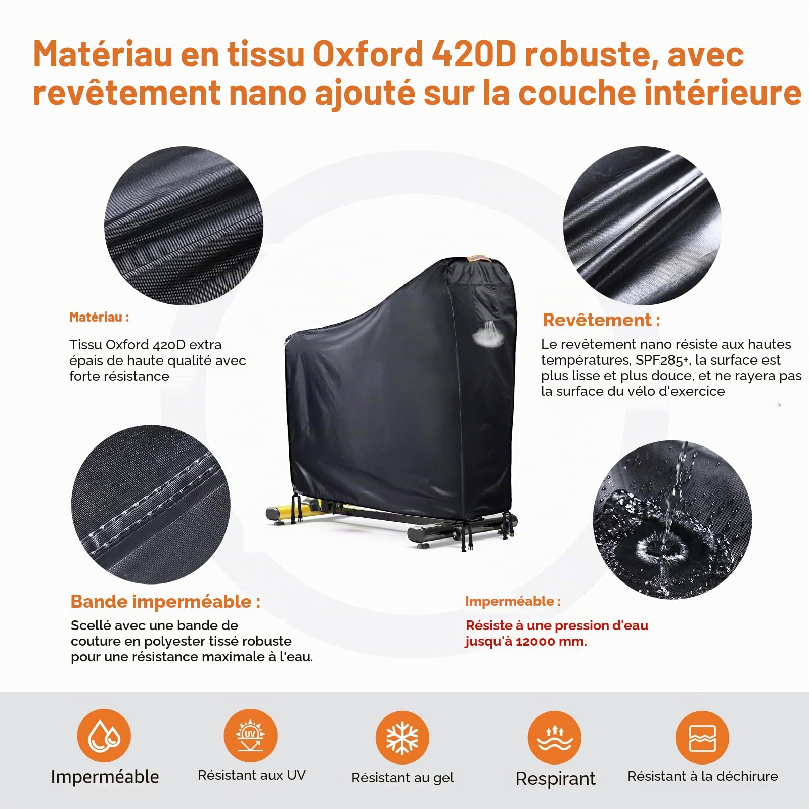 Housse de vélo stationnaire Grabado 420D imperméable pour extérieur, housse de vélo d’appartement avec évent d’air, bande imperméable, 4 boucles résistantes au vent, grande housse pour tous les temps