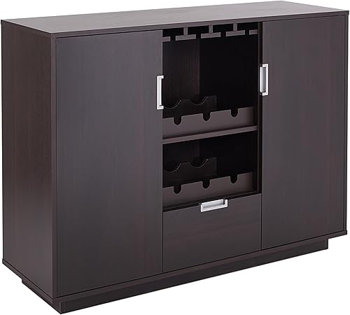 Furniture of America Mendocino - Buffet de comedor contemporáneo con 1 cajón, marco de madera, con estantes para vino y vasos, color espresso