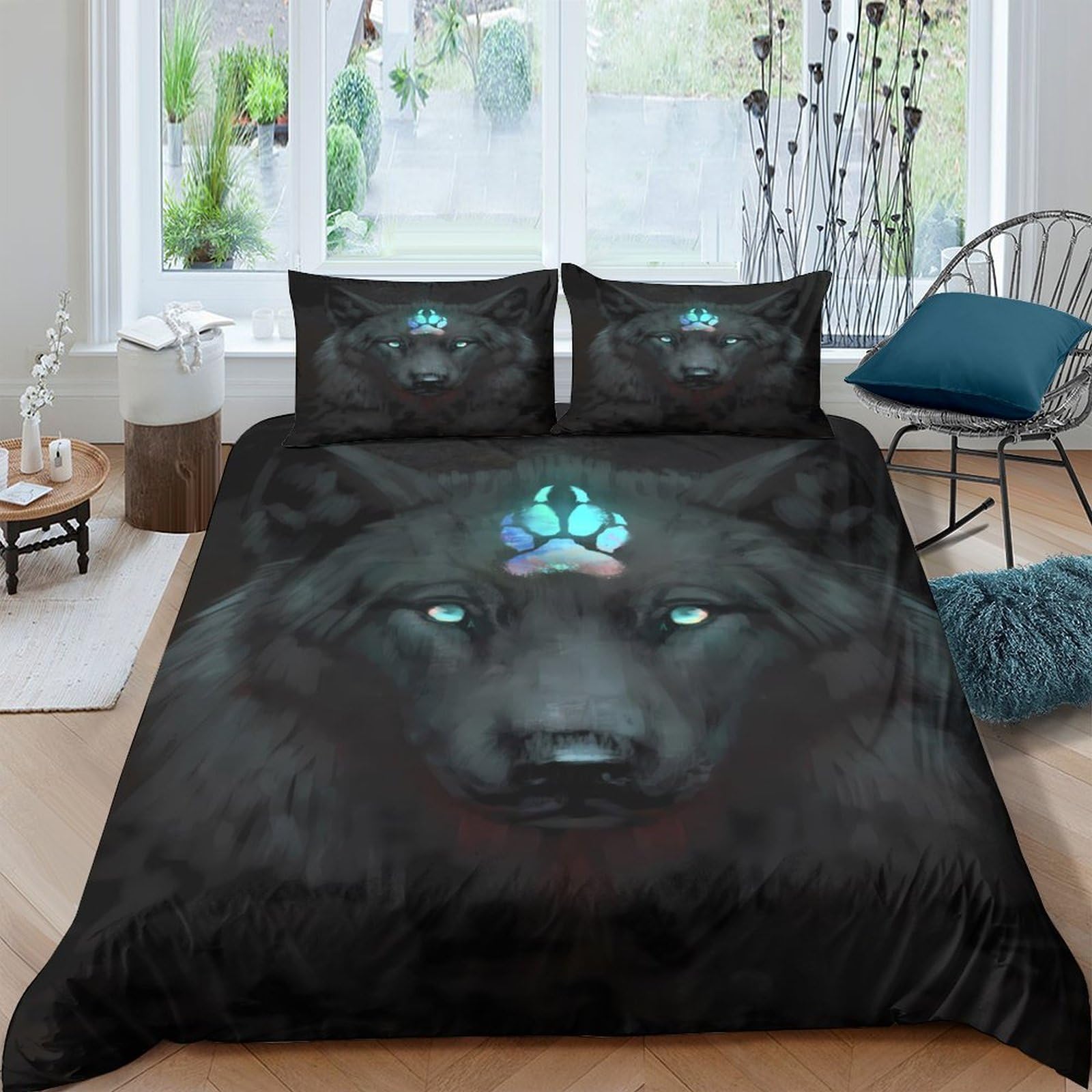 Ctjqhvkz Style-2 3D Printed Wolf Spirit Fitted Sheet Microfiber Soft Black Forest Bed Cover For Bedroom Guest Room Decor Protection Single（135X200cm）