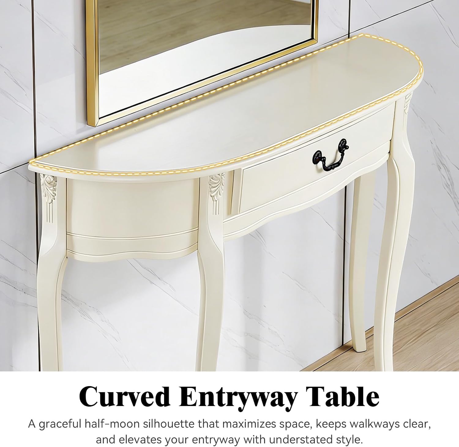 Antique Half Moon Console Table with Drawer, Solid Wood Entryway Table with Curved Legs, Vintage Semi-Circular Accent Sofa Couch Tables for Living Room, Hallway, Foyer (Dark Walnut)