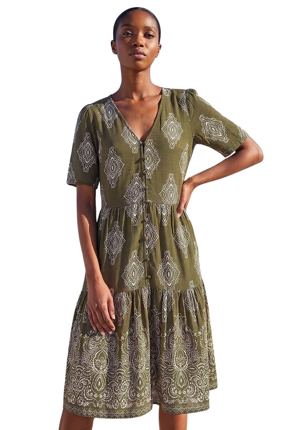 Roman Petite Border Print Tiered Dress for Women UK - Ladies Everyday Holiday Spring Summer V-Neckline Comfy Soft Evening Vacation Work Party - Petite Khaki - Size 14