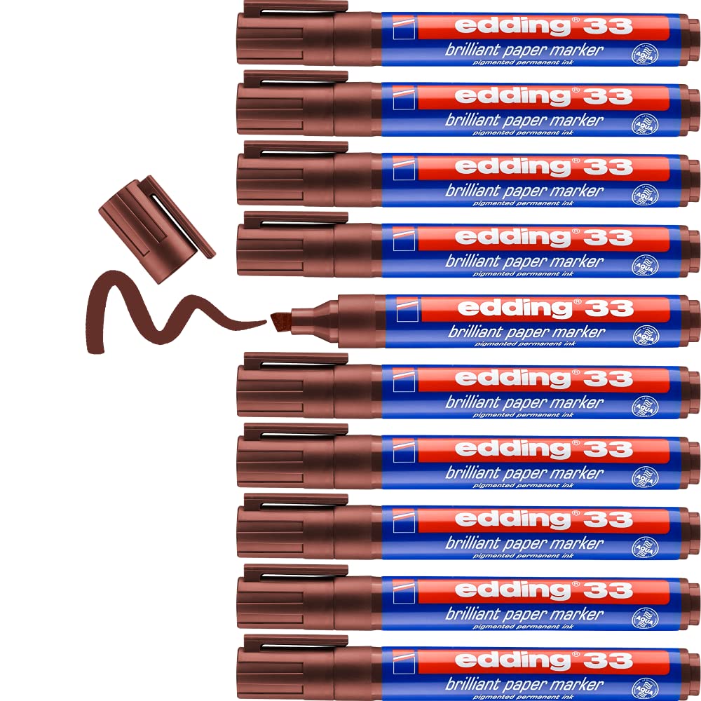 edding 33 marcador de tinta brillante para papel - marrón - 10 rotuladores permanentes - punta biselada 1-5 mm - colores vibrantes - resistentes a la luz - papel, cartón, plástico, metal y vidrio