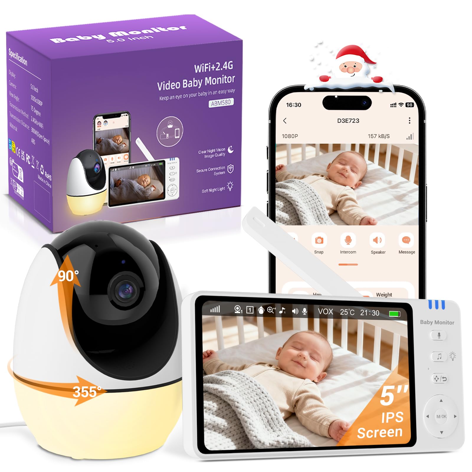 BURNNOVE Baby Monitor Video e Audio Schermo 5" IPS Connessione WiFi App per Smartphone con Luce Notturna Temperatura e Umidità Monitoraggio Movimenti Visione Notturna 8 Ninne Nanne Audio Bidirezionale