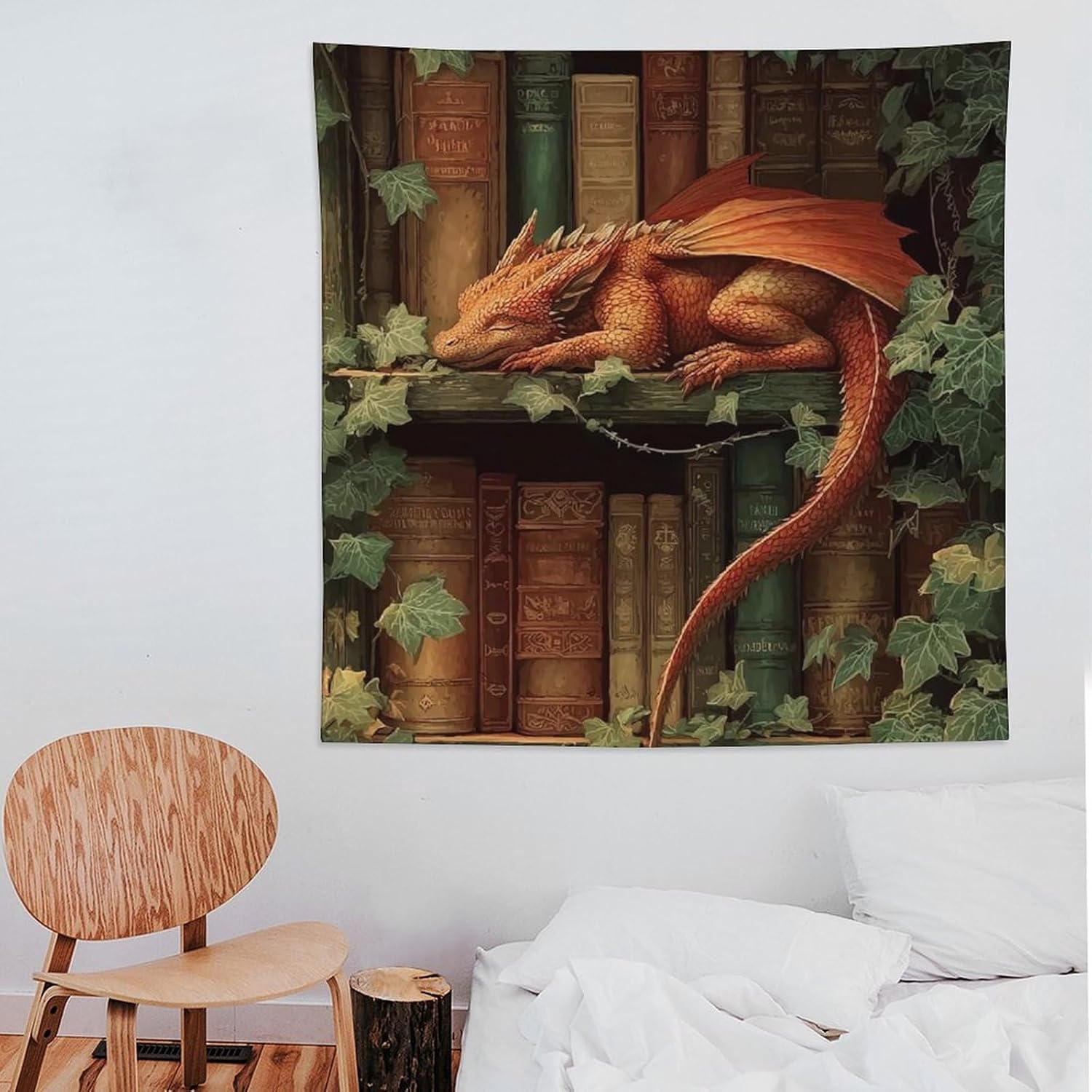 CLiqr Tapestry Bookshelf Red Dragon Sleeping Wall Hanging Aesthetic Decoration For Bedroom Living Room Wall Art Tapestries 60"x60"