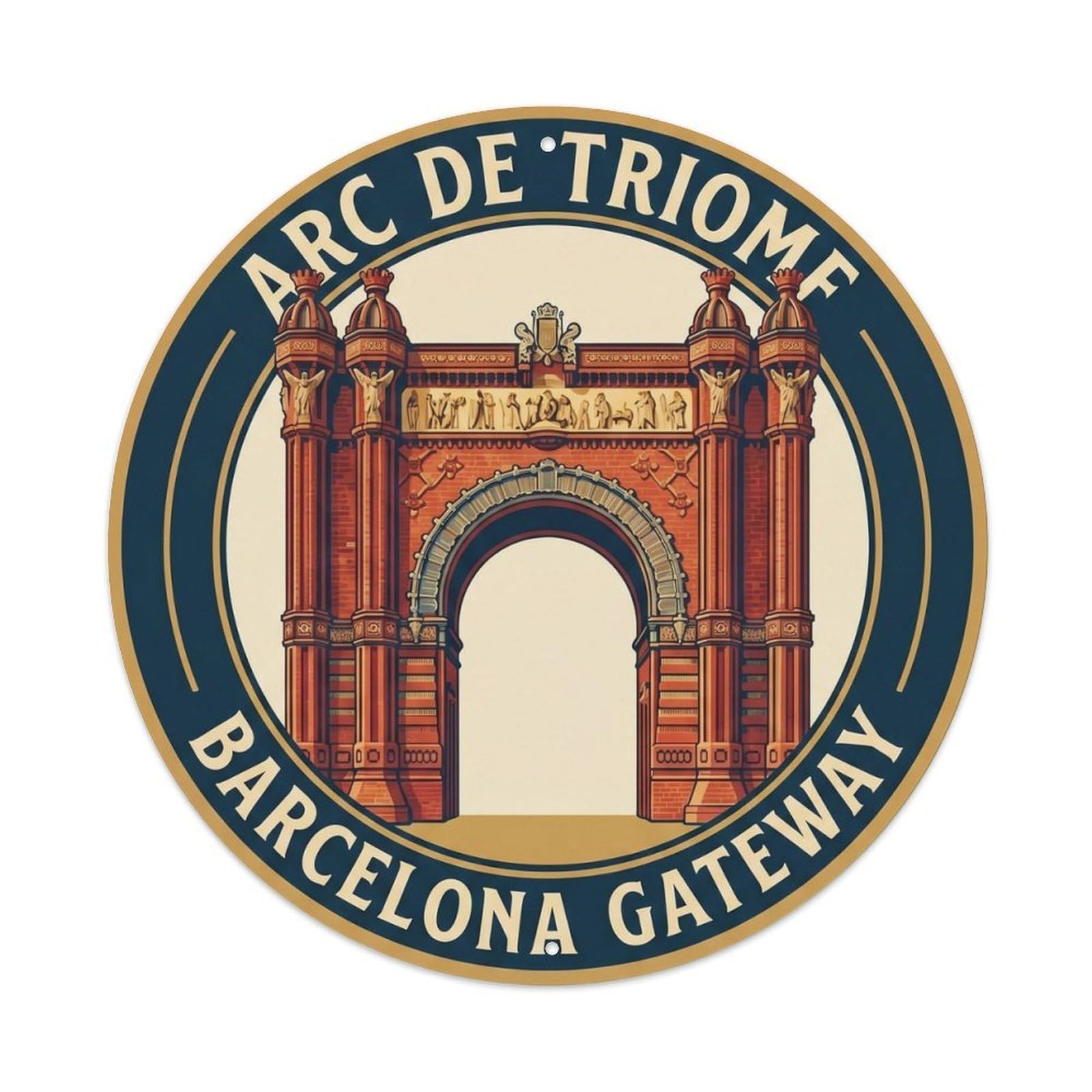 Mediterranean Barcelona Arch Gateway Travel Cityscape Metal Tin Sign Plaque Wall Decor for Cafe, Man Cave, Club Bar, Office, Home Garden Round Metal Poster 8x8Inch