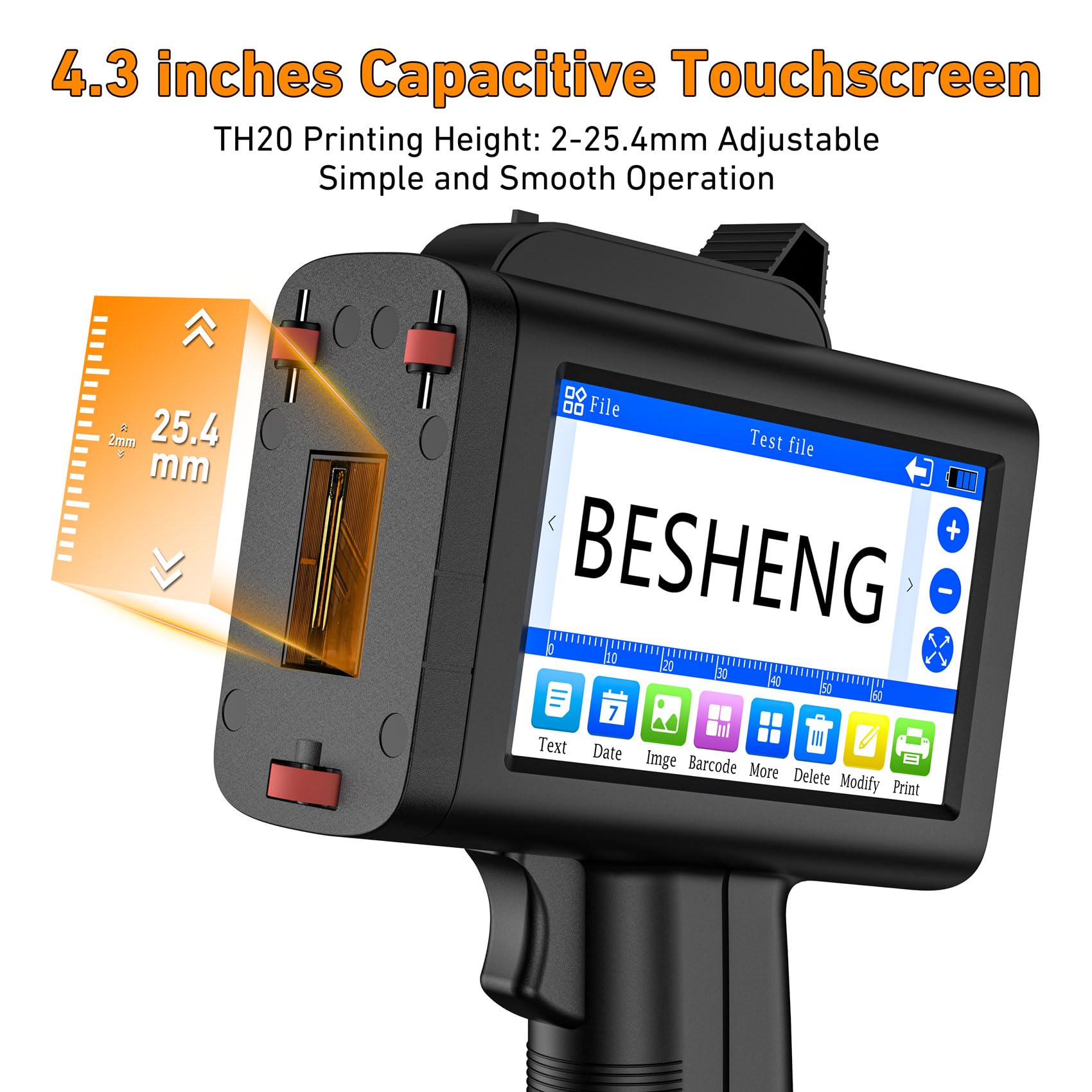 TH20 Impresora de Mano Portátil, Altura de Impresión 2~25,4 mm Pistola Impresora de Inyección de Tinta Mano con Cartucho de Tinta de Secado Rápido para Fecha Tiempo QR-Code Texto Variable