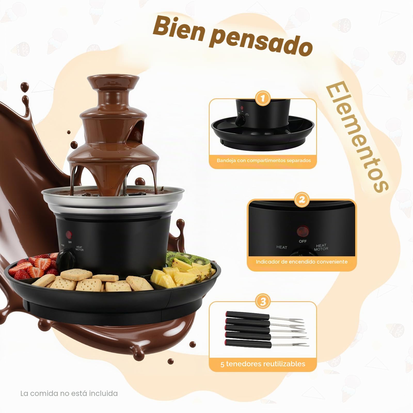 Fuente de Chocolate de 3 Pisos con Bandeja para Alimentos y Tenedores Fuente Chocolate Función de Fusión en Acero Inoxidable Fuente de Chocolate Cascada para Familiares/Bodas/Fiestas