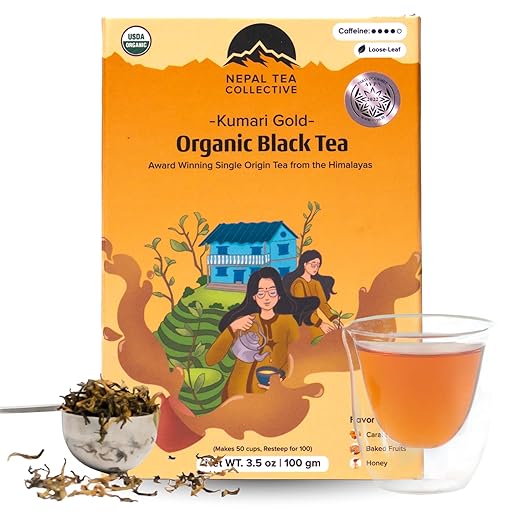 NEPAL TEA Organic Black Loose Leaf - USDA Certified Organic Tea with Gold Tips - Single Origin from a Family Farm in the Himalayas - 3.5 oz / 100g Award-Winning (Kumari Gold)