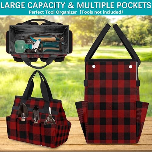 Miniatura 4 de Bolsa de herramientas de jardín retro a cuadros para mujeres y hombres, bolsas de almacenamiento de herramientas de jardinería con 10 bolsillos,