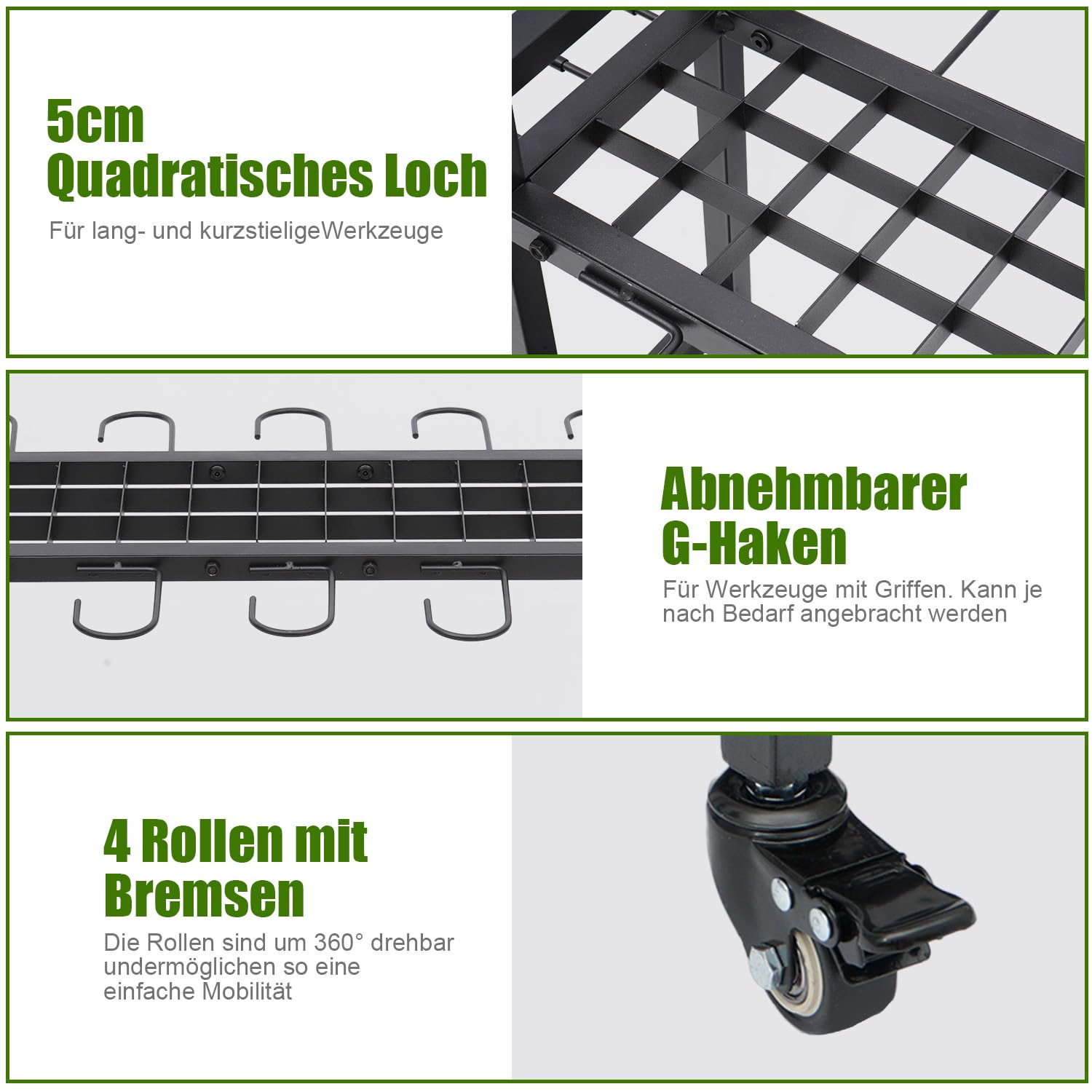 Gartengeräte Aufbewahrungsregal Gartengerätehalter Metall Gartengeräteständer mit Rollen Haken, bis zu 60 Werkzeuge, Mehrzweck Gerätehalter Organizer für Garage, Gärten, Hof, Schuppen