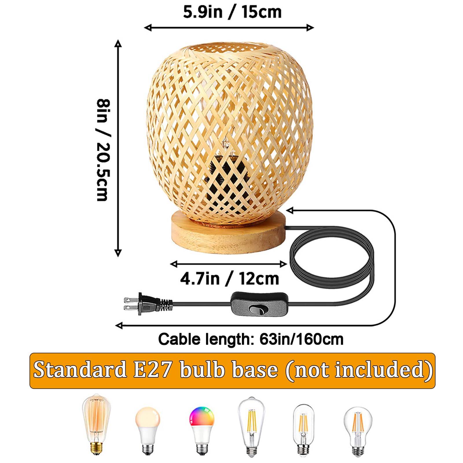 KZT 2pcs Tischleuchte aus Bambusgewebe mit Stecker und Schalter Nachttischleuchte Retro Dekorative Tischlampe Handgefertigte Gewebte Nachtlicht für Schlafzimmer Nachttisch Arbeitszimmer Stehlampe