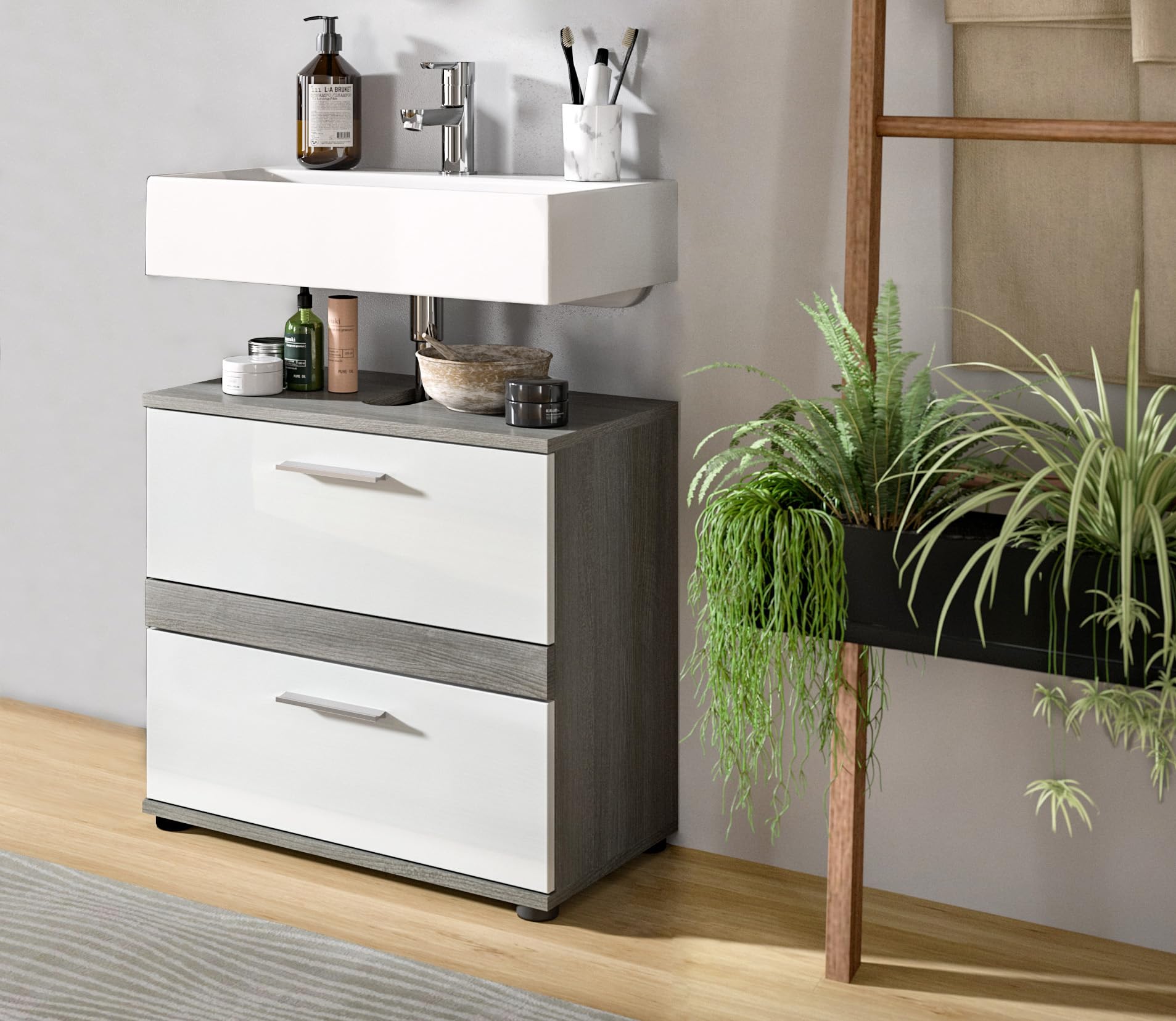 xonox.home Łazienka Blake X02B2707 szafka pod umywalkę szafka z przodu biała wysoki połysk korpus srebro przydymione nb.ok. 60x57x34 cm z 2 szufladami