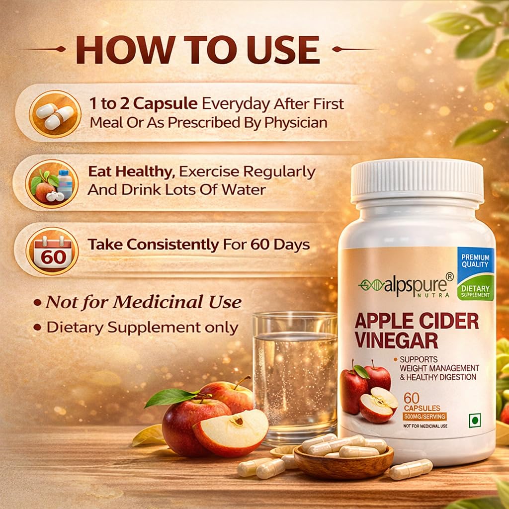 Alpspure Nutra Apple Cider Vinegar Capsules (60 Veg Capsules) | 500 Mg Per Serving | Supports Weight Loss | Boosts Metabolism | Improves Skin Health | Natural Fat Burner | For Men & Women 3