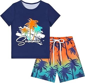 Boys 2 Piece Outfits Hawaiian Shorts Sets Summer Short Clothing Sets T-Shirt and Shorts Set Beach Outfits