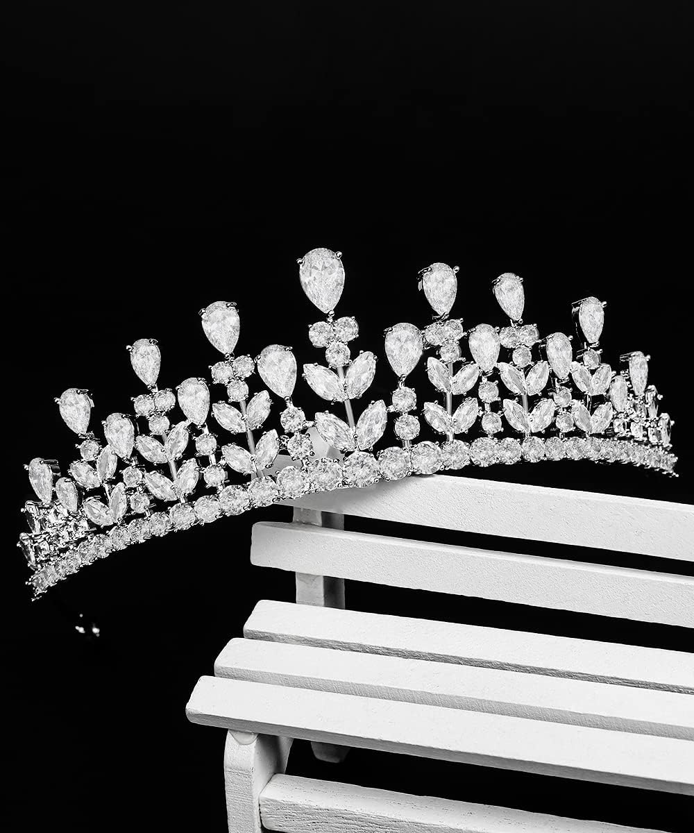 Cubic Zirconia Crowns and Tiaras for Women Princess Crown White Gold Plated Brass Dainty Queen Crown for Birthday Christmas Party Valentines Gifts