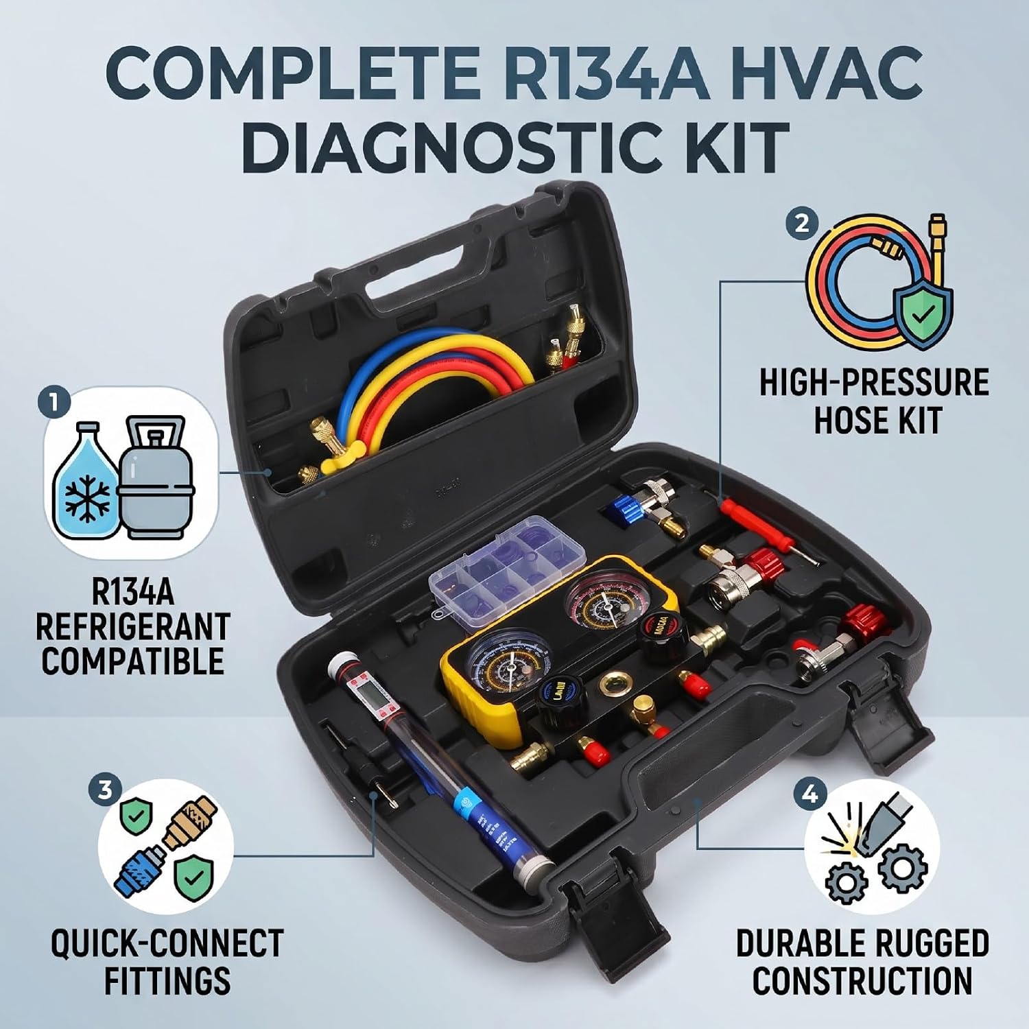 Karlak HVAC Manifold Gauge Set Durable High Precision Diagnostic Tools for Air Conditioning and HVAC Systems 67 Accessories Included