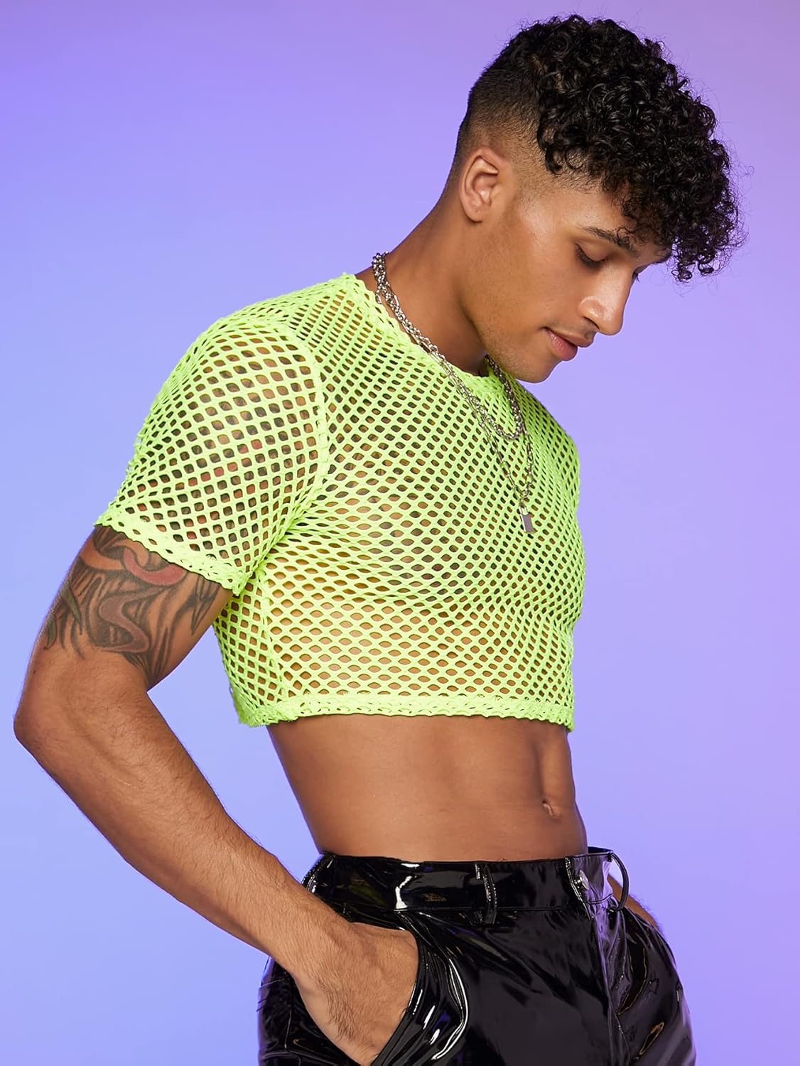 WDIRARA Men's Fishnet Mesh Tee Shirt Round Neck Short Sleeve Crop Top - Image 3