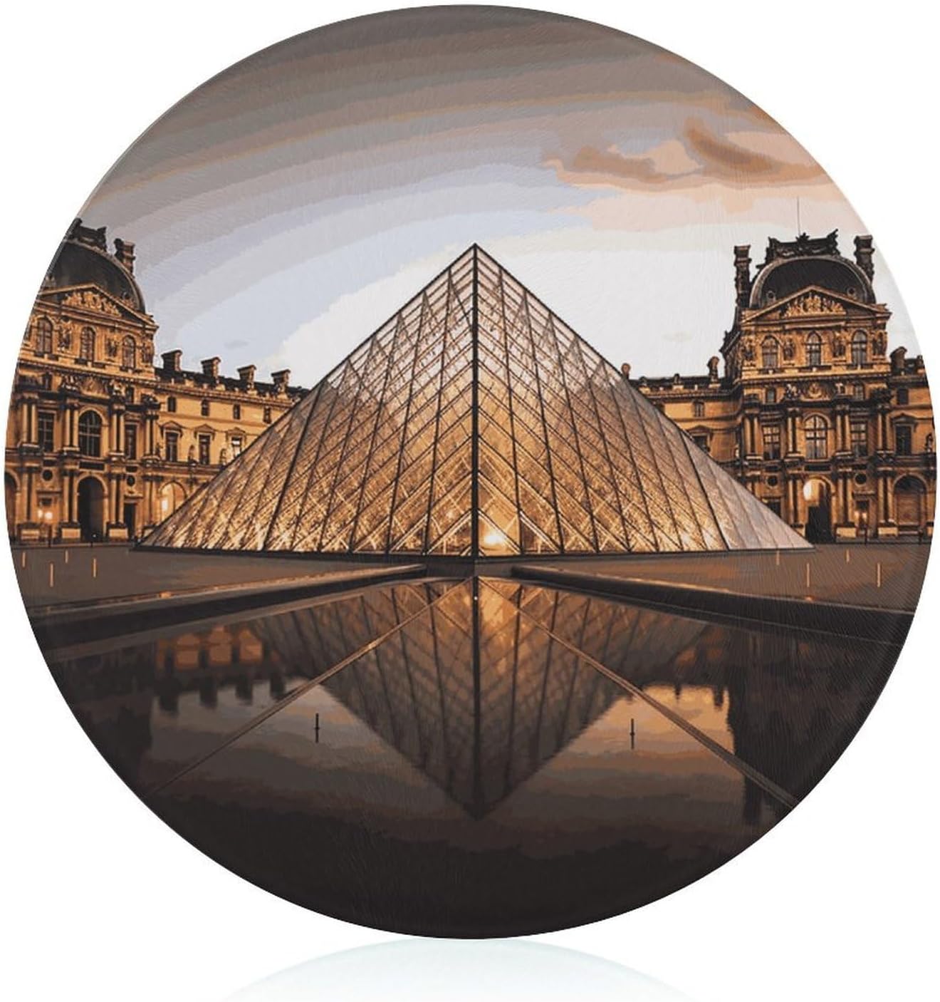 Louvre Museum in Paris Cutting Board Portable Small Chopping Boards Tempered Glass Kitchen Counter Protector Non-Slip Round Charcuterie Boards Mat for Bar Cheese Board