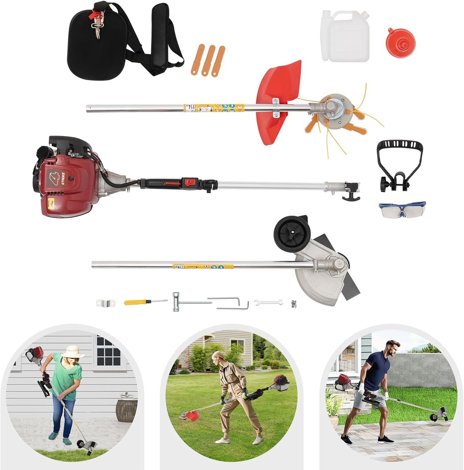Weed Wacker Gas Powered 35.88CC, 0.75kW 4-Stroke String Trimmer with 8500 RPM, 2 Cutting Heads & 22+2.7 Oz Fuel Tanks, Brush Cutter for Lawn Orchard Garden