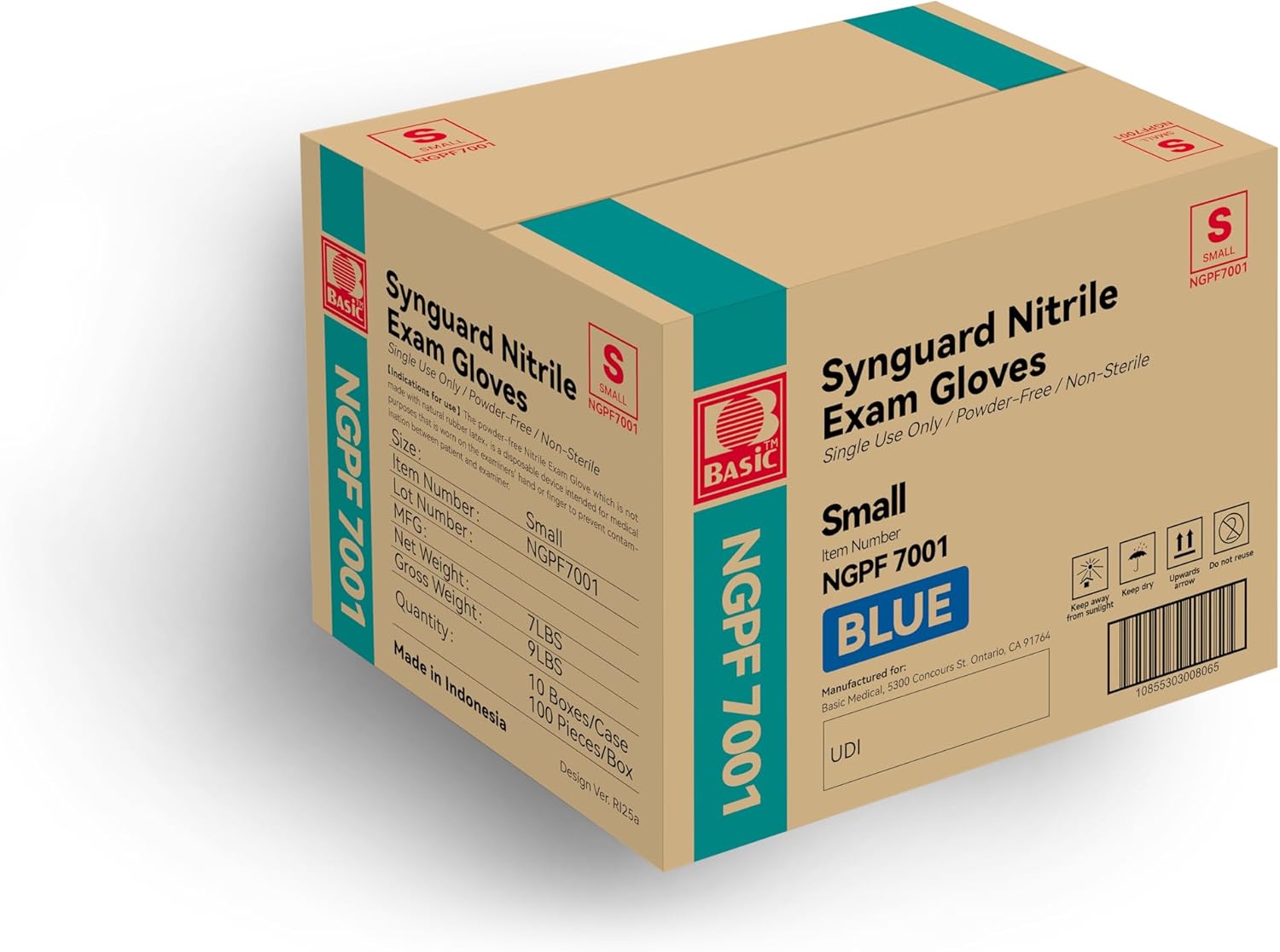 Basic Medical Blue Nitrile Exam Gloves - Latex-Free & Powder-Free - NGPF 7001(Case of 1,000), Small