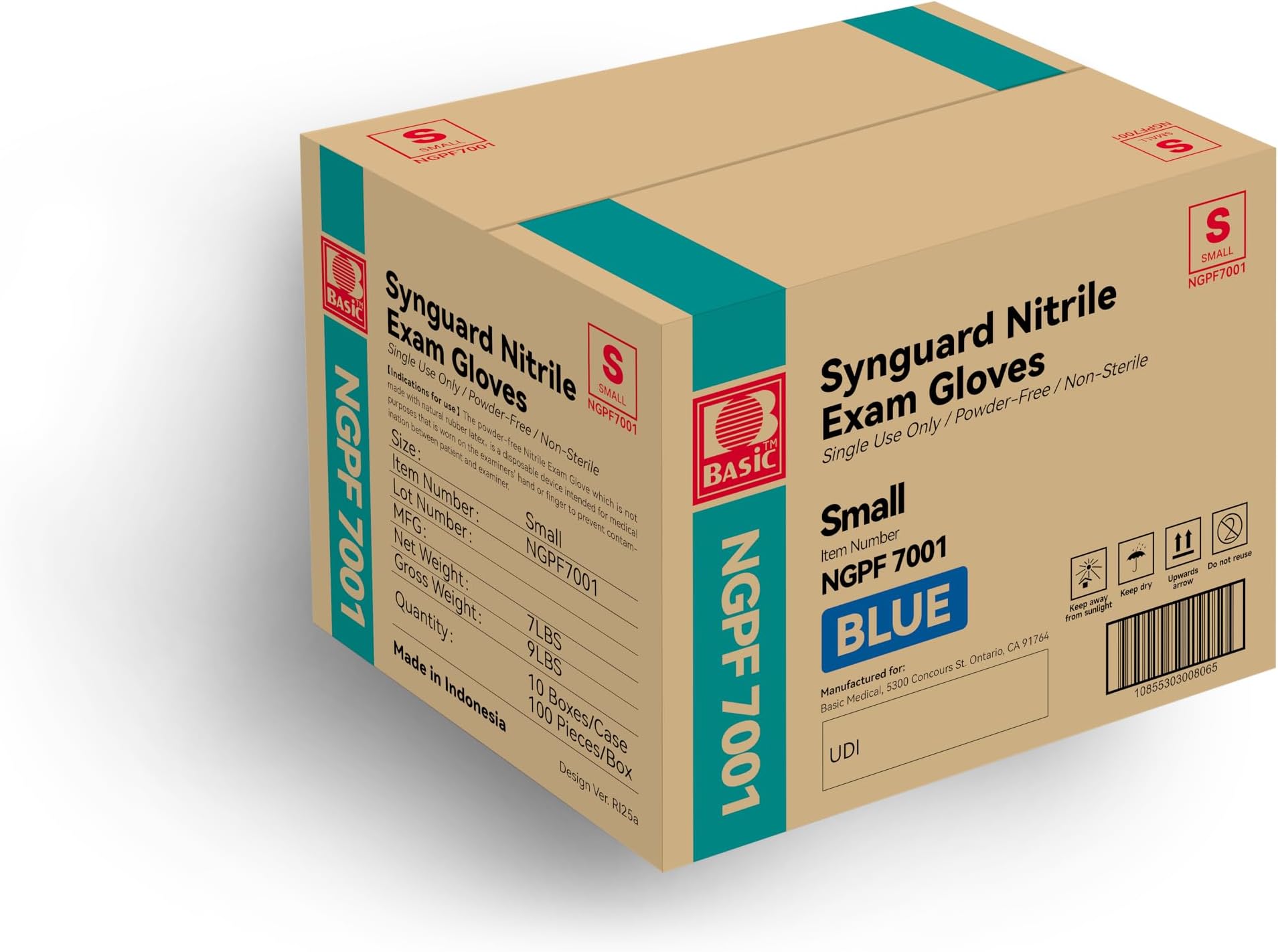 Basic Medical Blue Nitrile Exam Gloves - Latex-Free & Powder-Free - NGPF 7001(Case of 1,000), Small