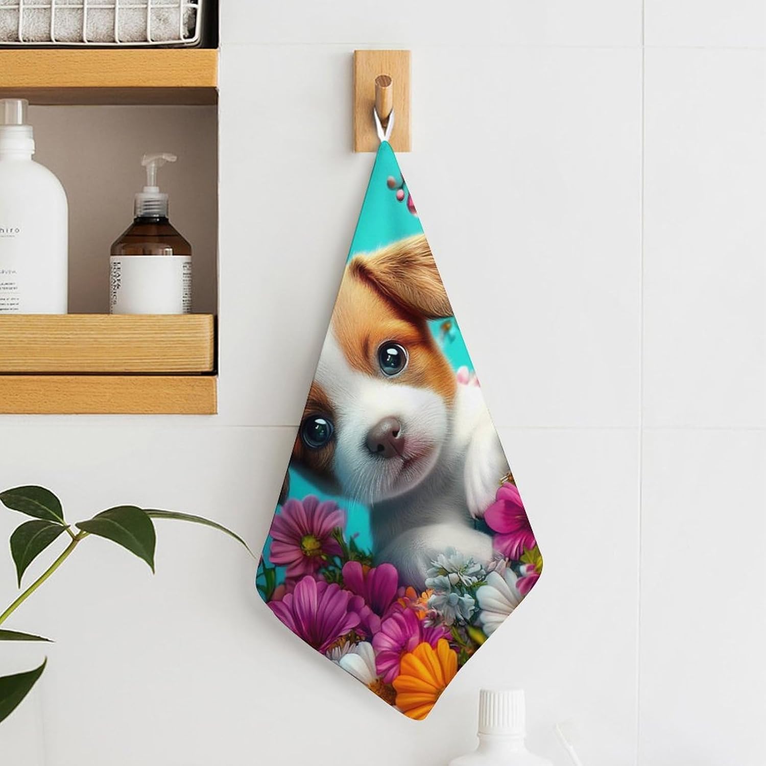 Cute Puppy in A Flower Towel Hand Towels Decorative Towel for Bathroom Kitchen Shower Gym 4PCS