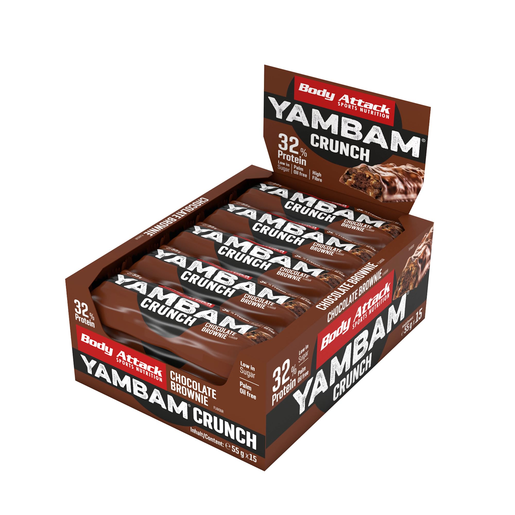 Body Attack Nutrition - Barretta Di Yambam Crunch In Lattina (15x55g) - Barrette proteiche - Barrette a basso contenuto di zucchero - Brownie