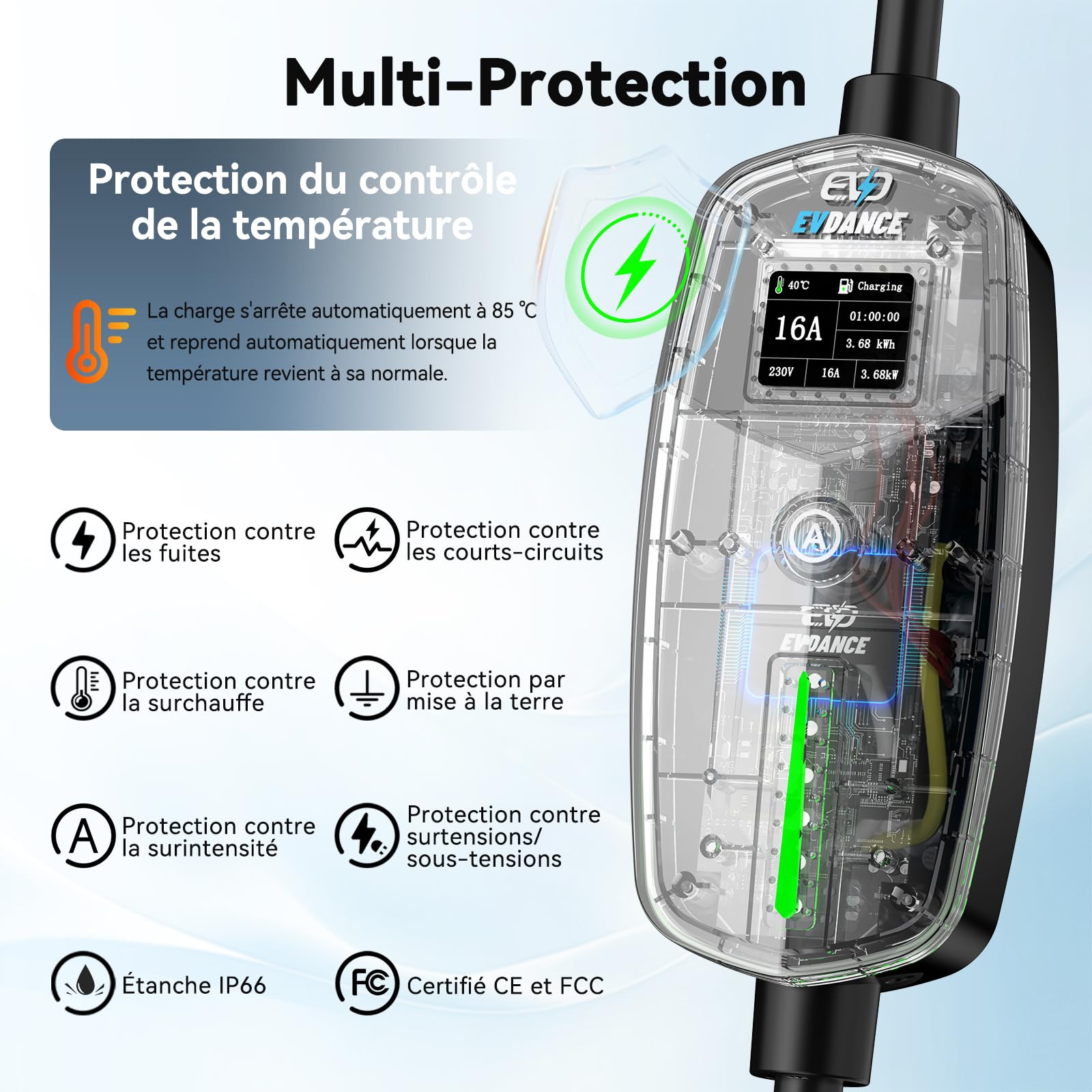 EVDANCE Chargeur Voiture Electrique (3,68 KW, 6-16A, 6,1m, 1-Phase), Noir | 6-16A Intensité Réglable, Câble Recharge Voiture Électrique Type 2, Étanche IP66, Sac Portable Offert, pour EV IEC 62196-2