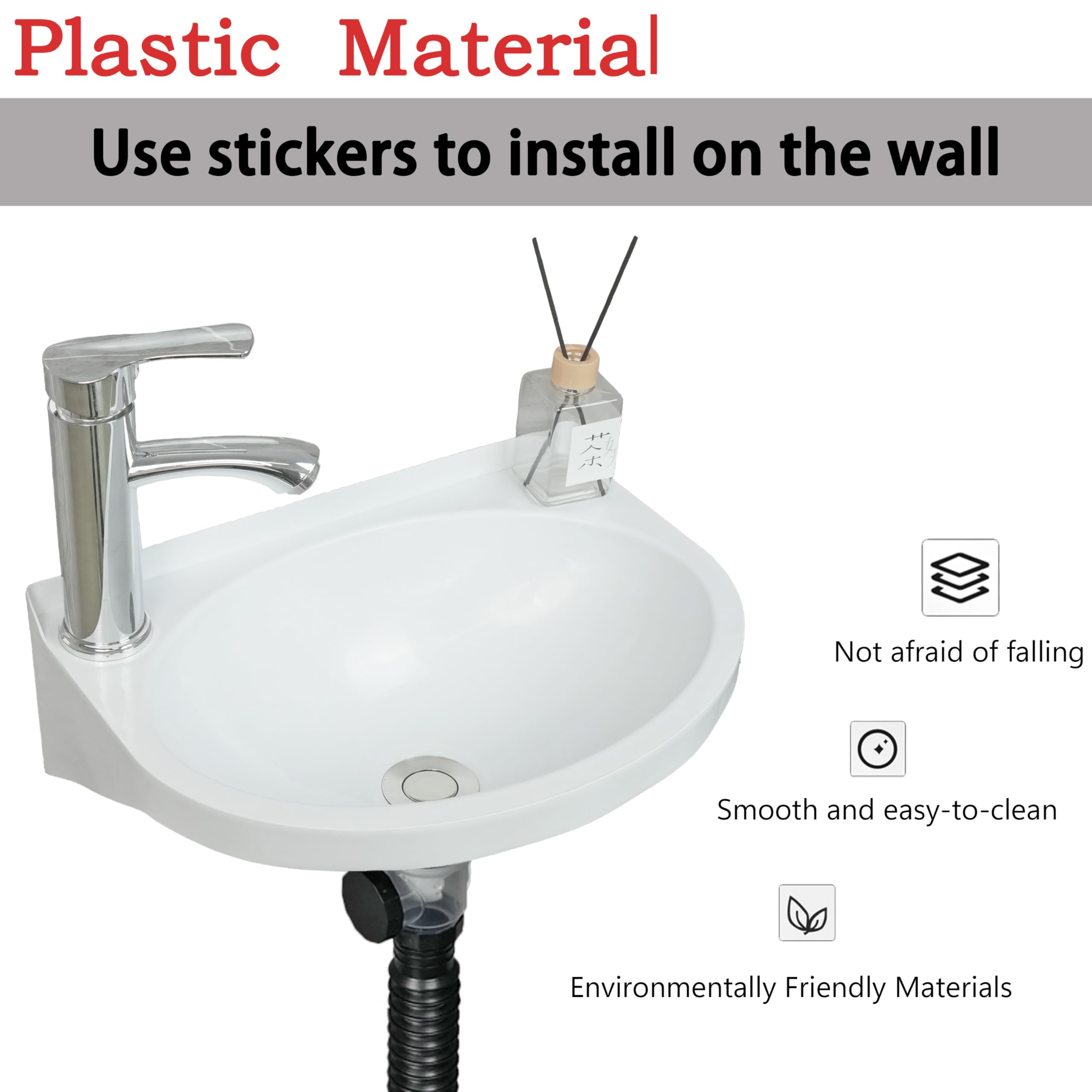 Lavello da bagno piccolo da parete, installazione senza trapano, autoadesivo, 30 x 28 cm, con foro per rubinetto da 3,2 cm, mini lavello in plastica per casa, dormitorio, garage