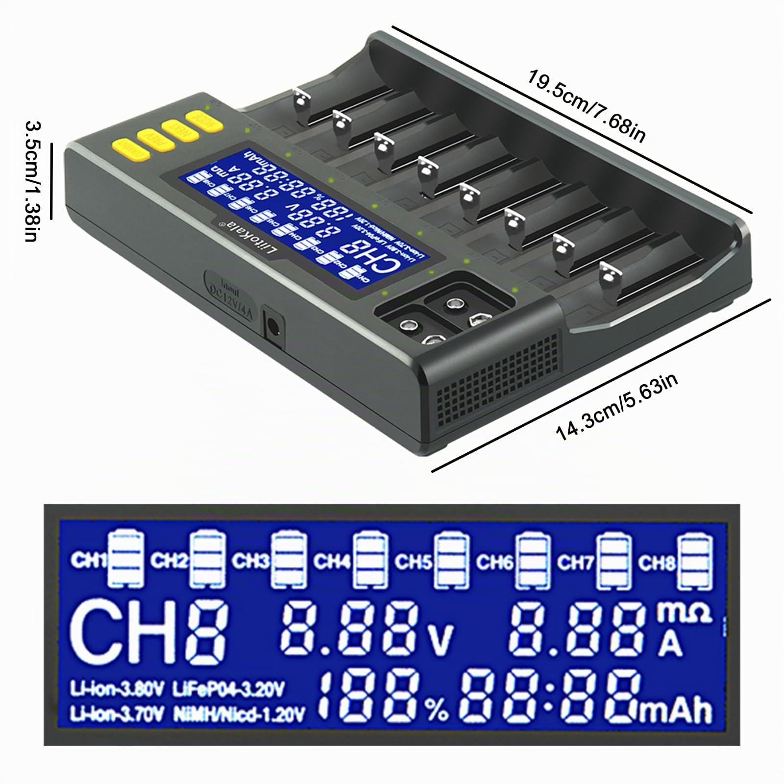 LiitoKala Lii-S8 Caricabatterie rapido con display LCD e controllo touch, 18650 Caricabatterie 9V a 8 slot per Li-ion LiFePO4 Ni-MH Ni-Cd AA AAA C 21700 26650 13650 16340 18700 RCR123