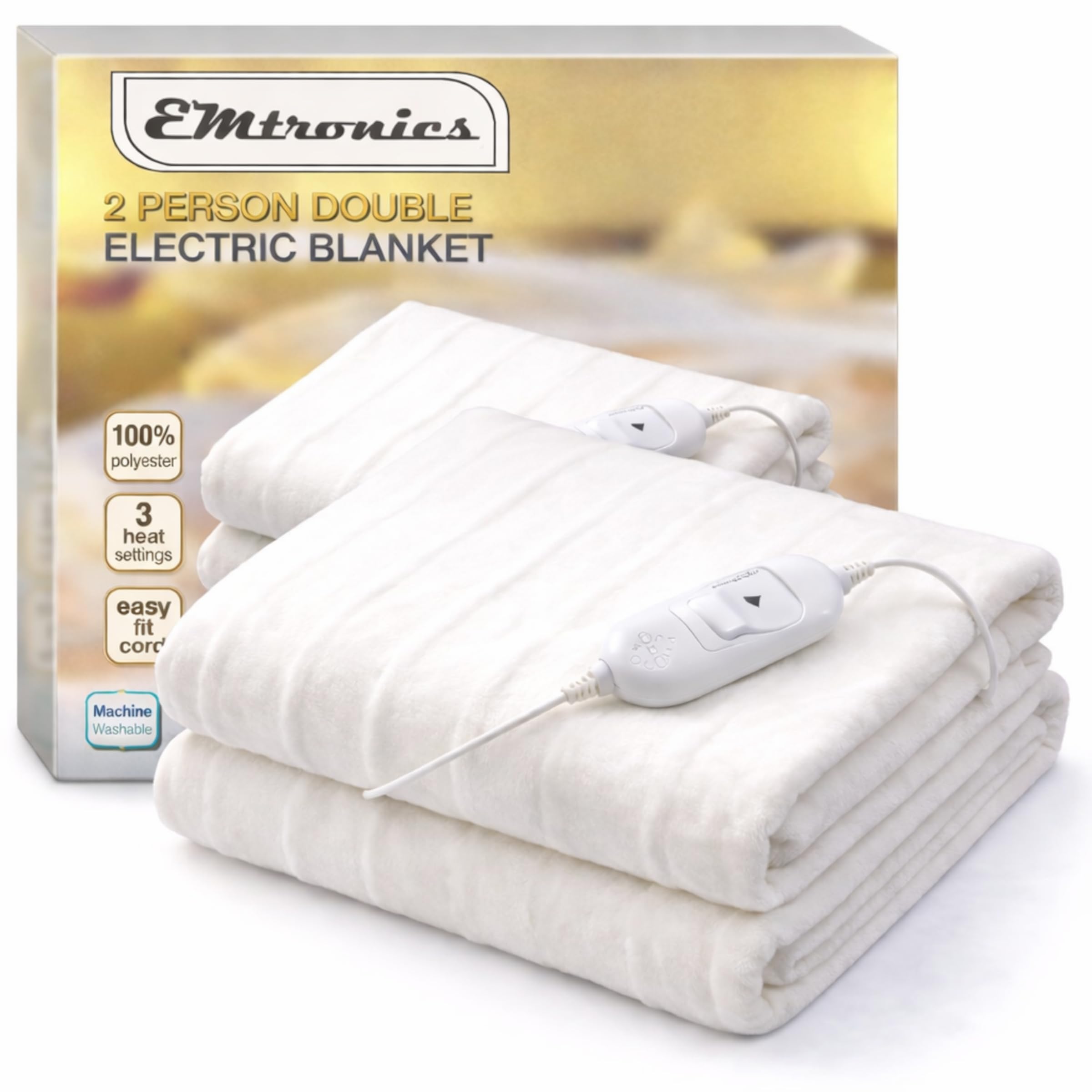 EMtronics Heated Electric Under Blanket Bed Warmer with 3 Heat Settings, Overheat Protection, Machine Washable - Double Size 135cm x 120cm