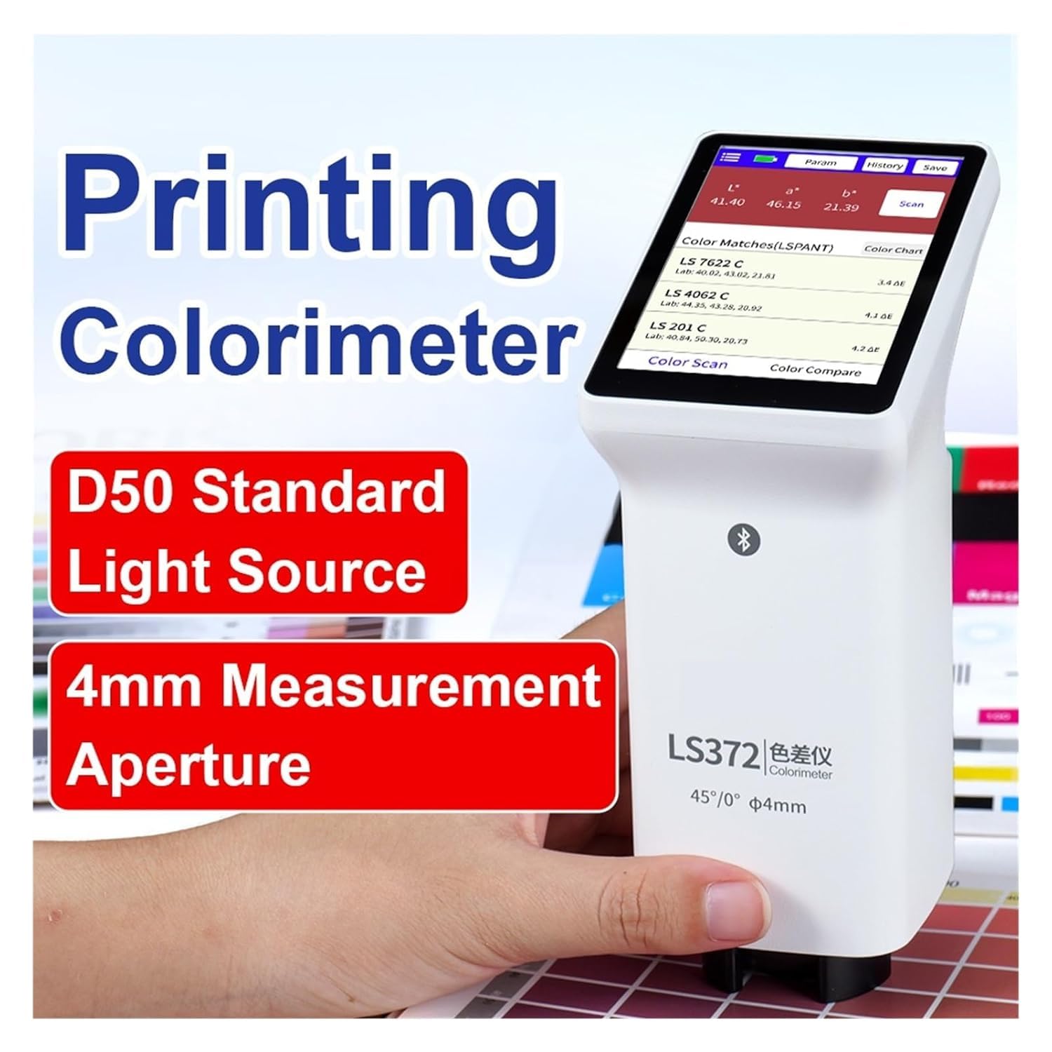 LS372 4mm Aperture Colorimeter with Touch Screen for Paint, Plastic, Textile LAB Color Difference Meter Automatic Correction