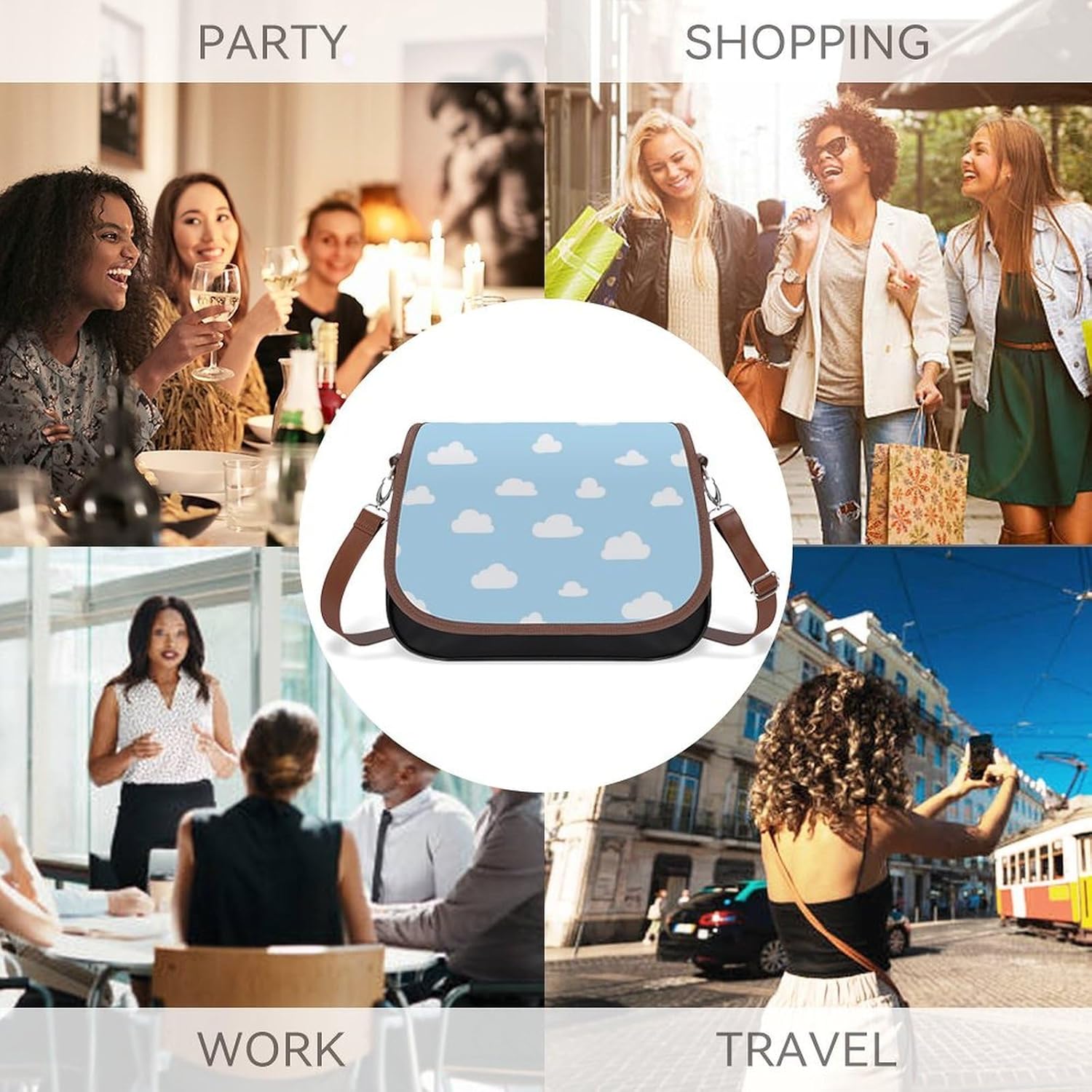 White Clouds Cartoon BlueWomen's Faux Leather Crossbody Bag, Waterproof Wrinkle-Resistant Shoulder Bag with Detachable Strap, Large Capacity Casual Handbag, Fashion Daily Purse for Shopping Work Datin