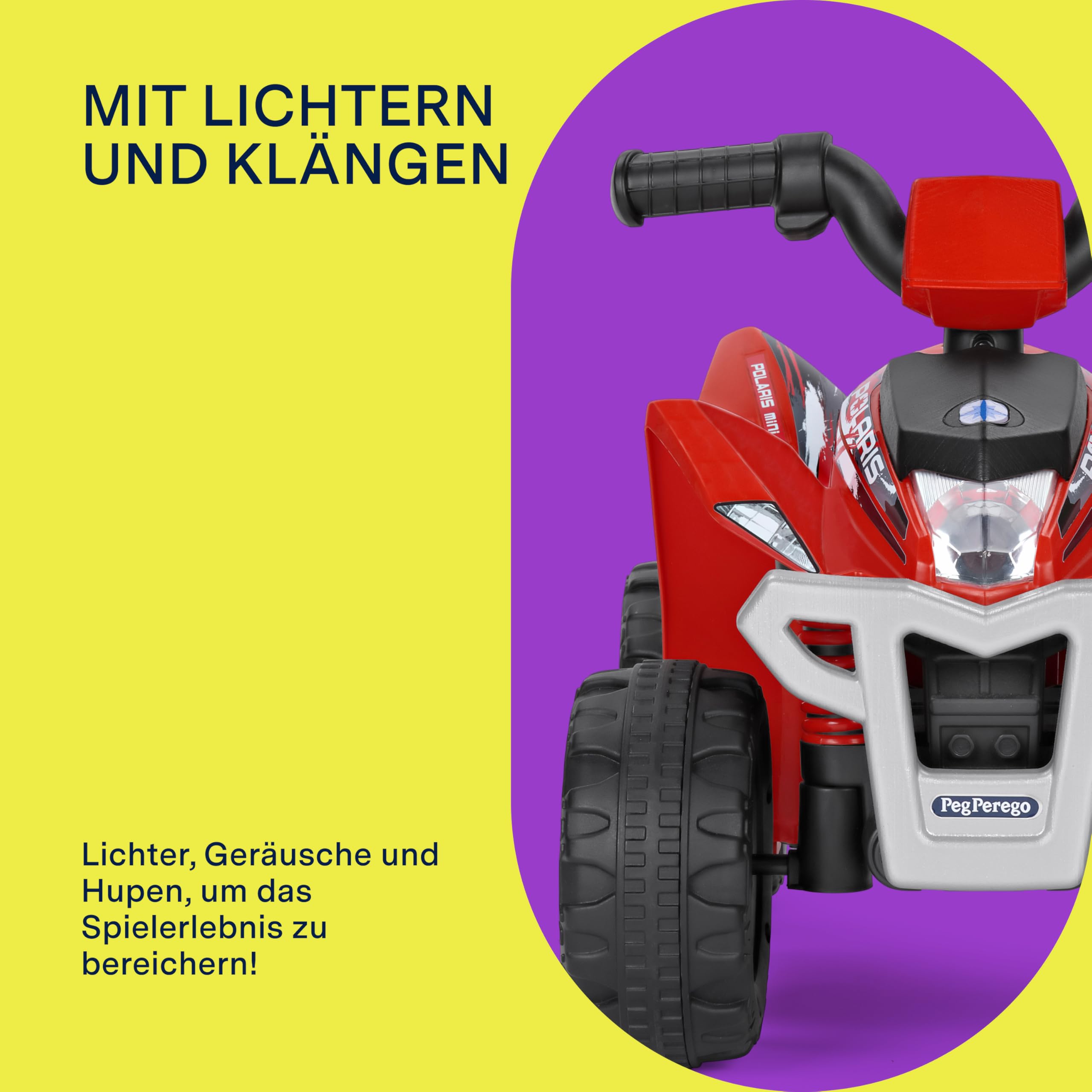 PEG Polaris Mini Quad, elektrisches Kinderfahrzeug für Kinder ab 1 Jahr bis 15 kg, 6-V-Akku, 90 Minuten Reichweite, 2,7 km/h Geschwindigkeit, Gaspedal, Licht- und Soundeffekte