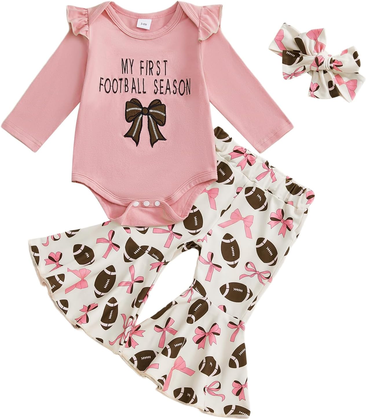 Newborn Infant Baby Girl Football Outfit Football Bow Embroidery Long Sleeve Romper Flare Pants Set Fall Clothes