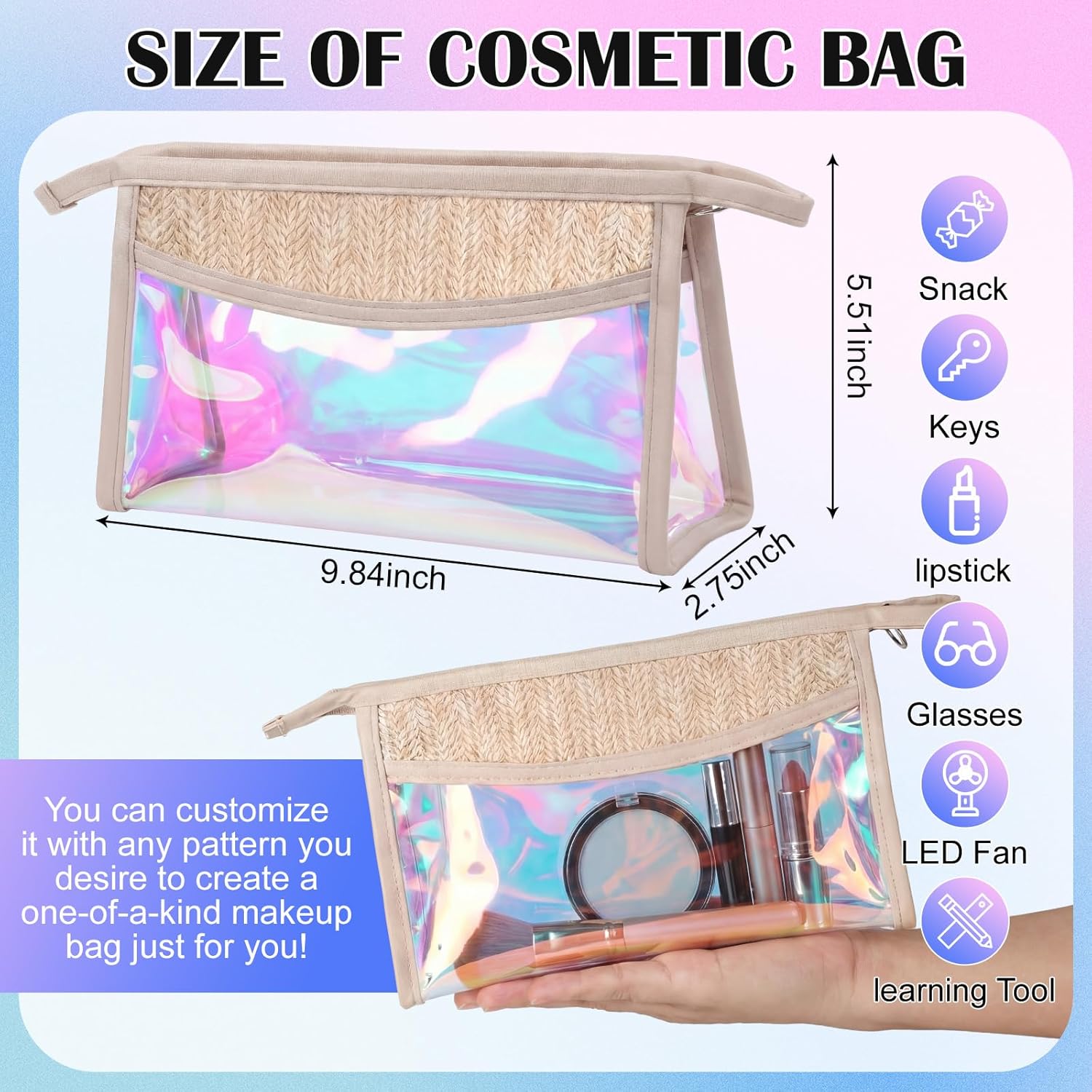 Kacctyen 10 Pcs Boho Clear Beach Bag Makeup Pouch Waterproof Sunscreen Cosmetic Bag with Zipper for Bridesmaid Gifts Wedding Party Favors Beach Vacation (Holographic)