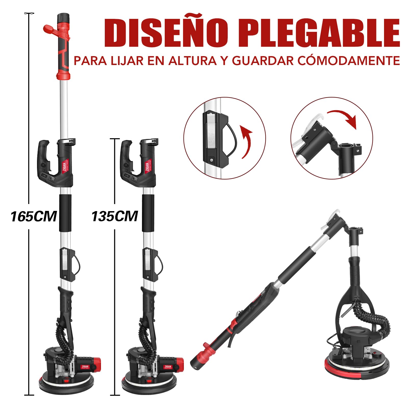 Lijadora Pared y Techo ZHJAN (880W) con Recogida de Polvo de Vacío, 1000-2100 RPM, Lijado en ángulo Muerto, Luz LED, Mango Extensible/plegable, 5 Velocidades,Para Techos Popcorn,Compatible Aspiradoras