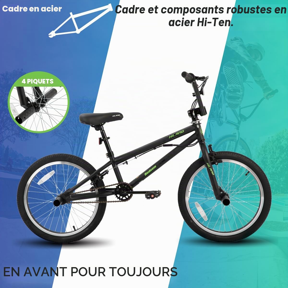HILAND Vélo BMX Freestyle Enfant 20 Pouces, 4 Pegs en Acier et Roue Libre, avec Rotor 360°, pour Garçon et Fille de 7 à 12 Ans, Noir/Vert/Rouge/Blanc