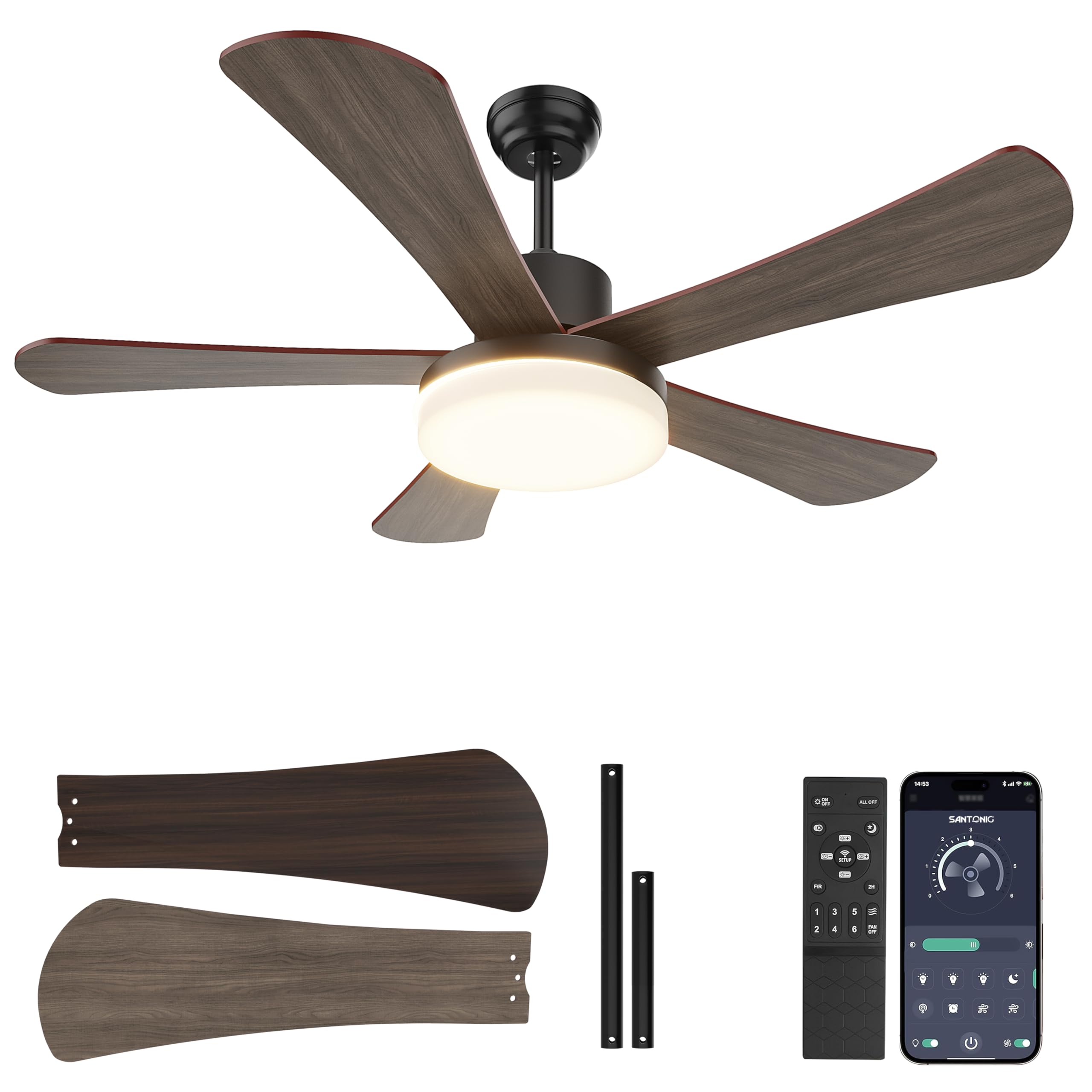 52 Inch Ceiling Fans with Lights and Remote/APP Control, Bright Led Ceiling Fan, 3 Color Temperatures Dimmable, 2 Downrods, 6 Speeds, 5 Blades, Quiet Reversible Black Ceiling Fans for Home