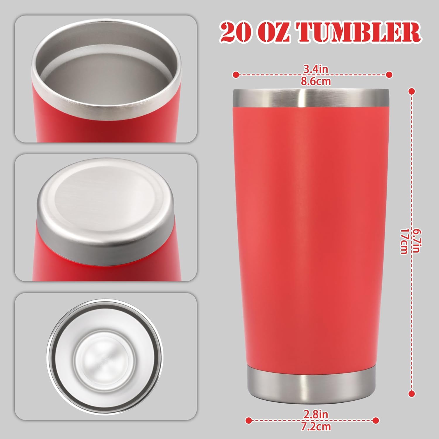 20 oz Tumbler with lid Double Wall Vacuum Insulated Tumblers Stainless Steel Coffee Mug Travel Coffee Tumbler Powder Coated Tumbler Cup Keep Hot&Cold - (Red 12 Pack) - Image 5