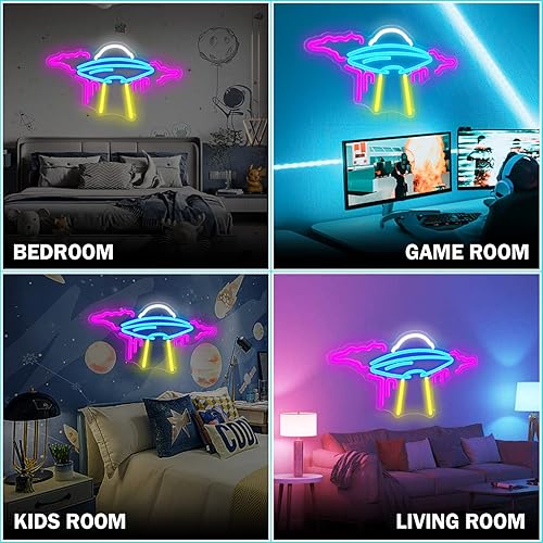 Miniatura 4 de JanHune Letrero de neón OVNI de nave espacial con luces LED de neón regulables para pared, letrero de neón OVNI para dormitorio, niños, espacio de