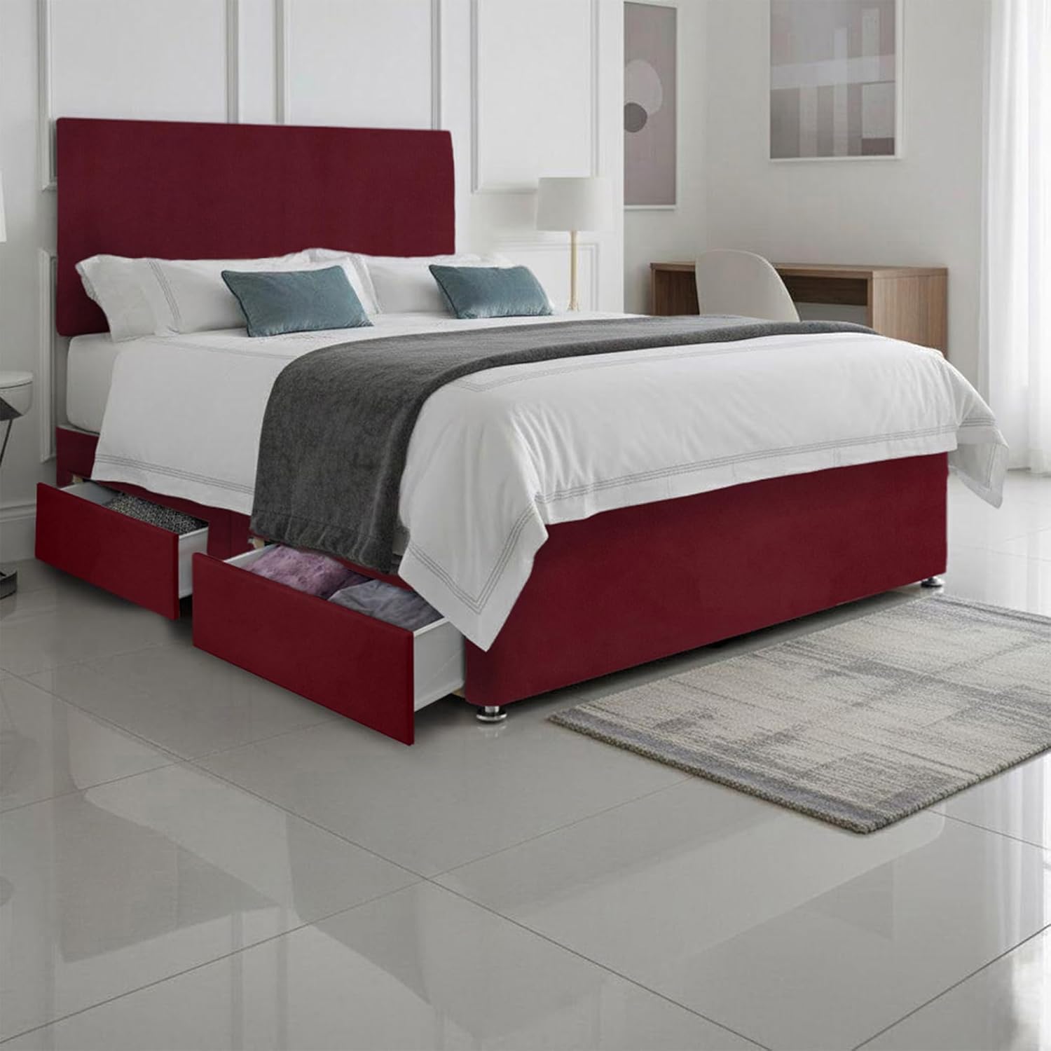 SANA SLEEP Sleek 4FT6 double Bed with Pocket Sprung Mattress & 2 Drawers | Compact Bedroom Set | Sturdy Frame for Comfort | Chic Divan Design | Modern Spaces Furniture (Mulberry Plush)