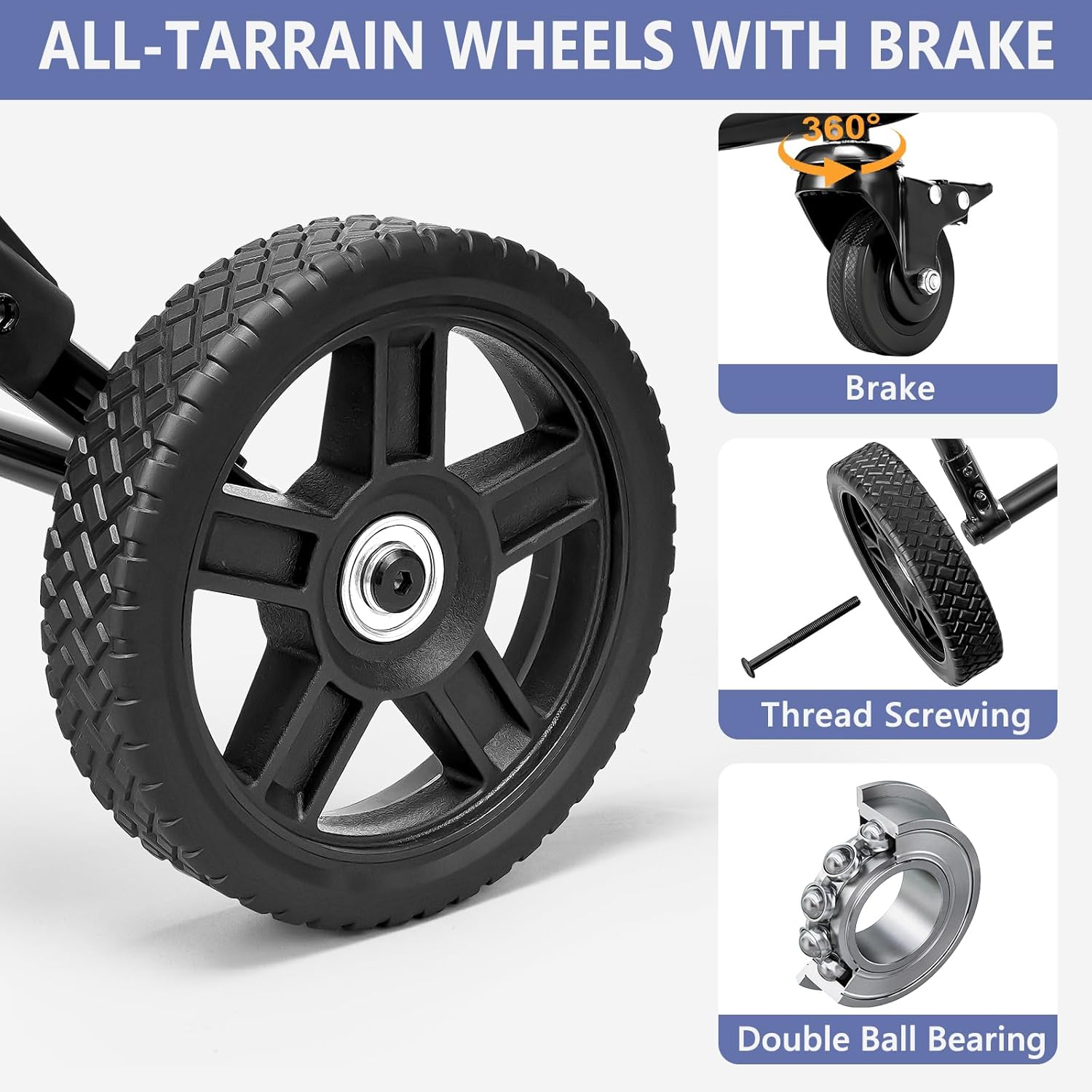 Z bliska view of the KEDSUM shopping cart's wheels, highlighting the brake mechanism, threaded screwing, and double ball bearings.