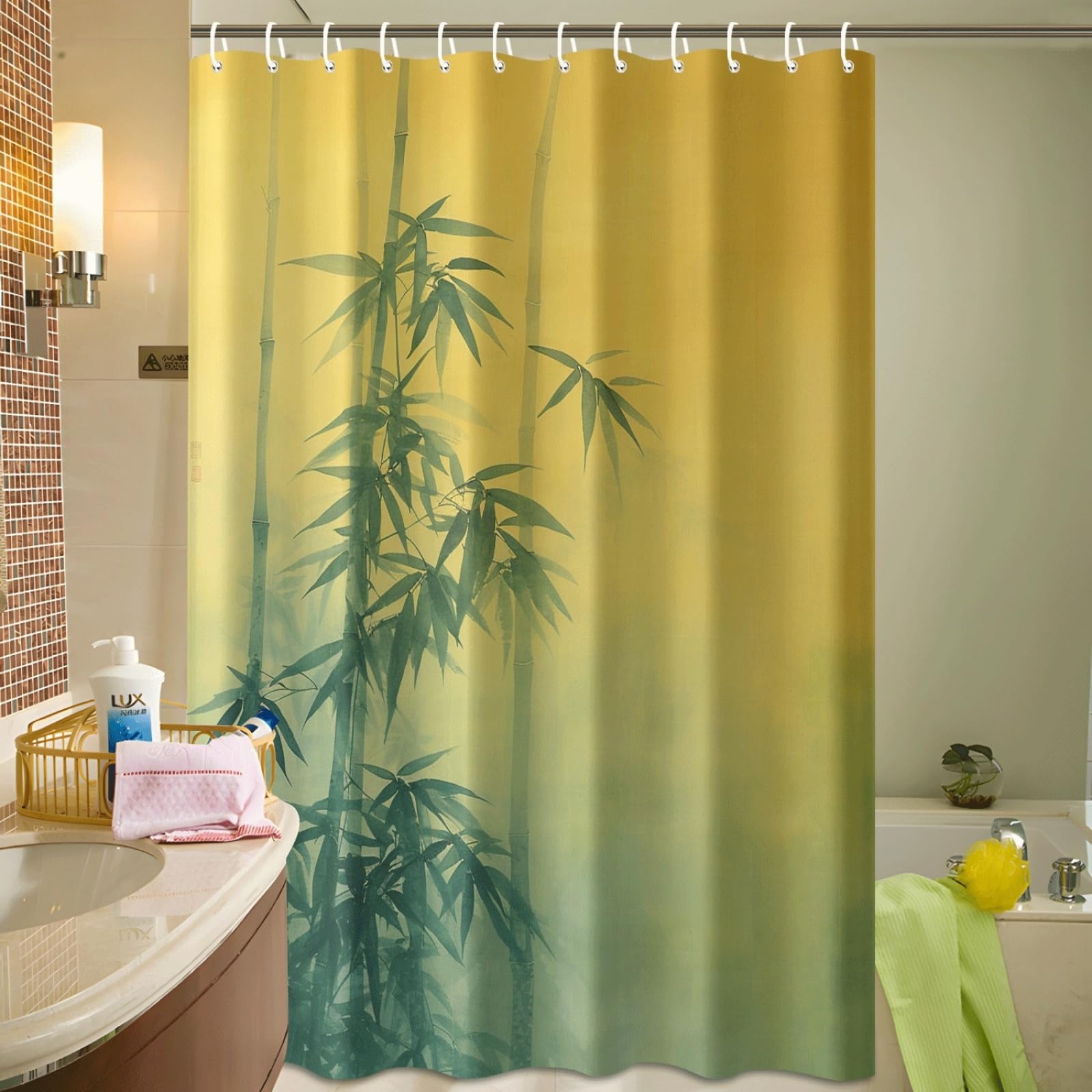 Tenda Doccia Bamboo Giallo Tenda Doccia Antimuffa Impermeabile Poliestere Lavabile con 12 Ganci Facile da Installare Tende Finestra Bagno per Dormitorio Hotel (180x220cm)