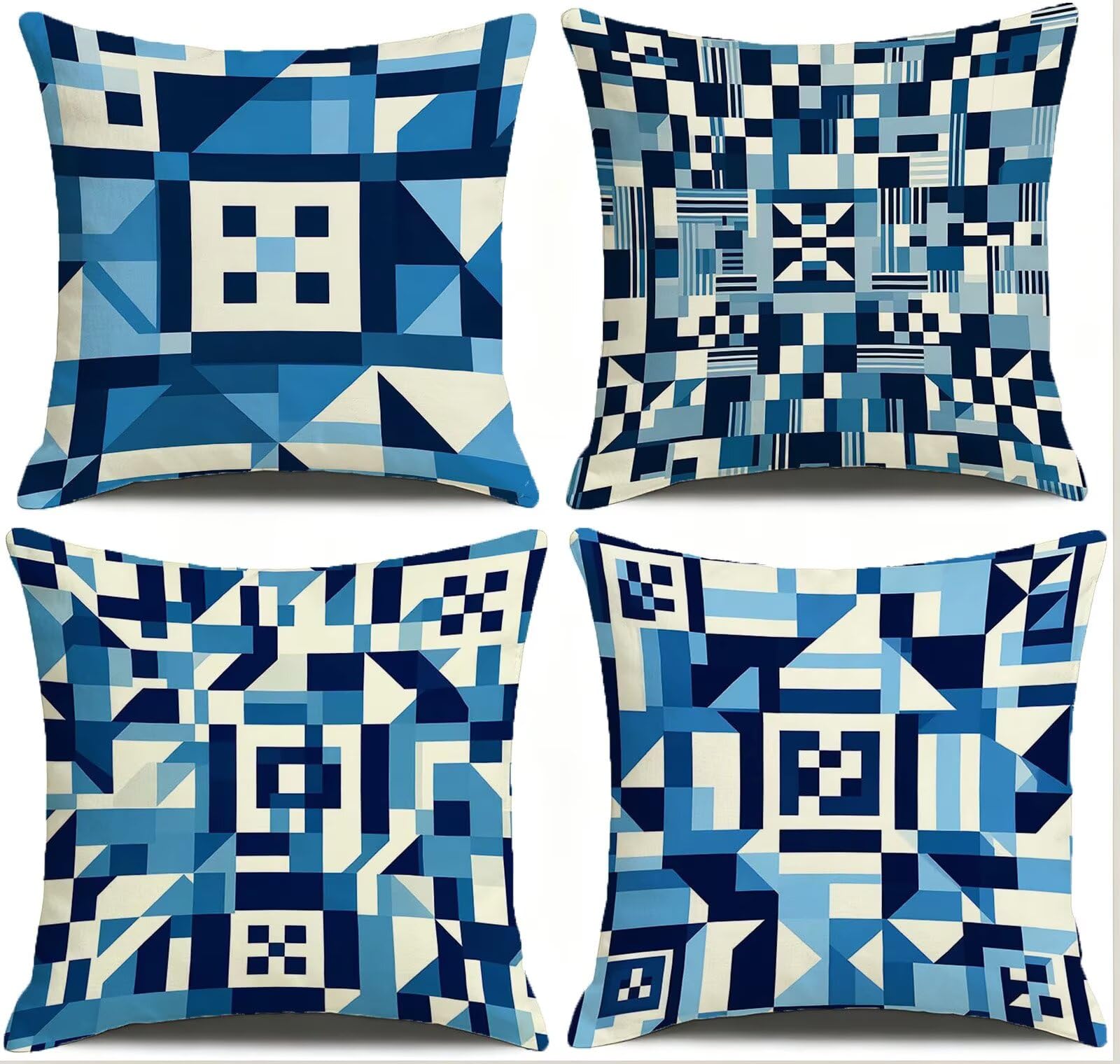 Blu Federe Cuscini Divano 60x60cm, Cuscini da Esterno Set de 4, Cod-47 | Velour Copricuscini Decorativi Letto Arredo, per Letto, Soggiorno, Giardino, Esterno, Casa Decorazione Set di 4 Geometria