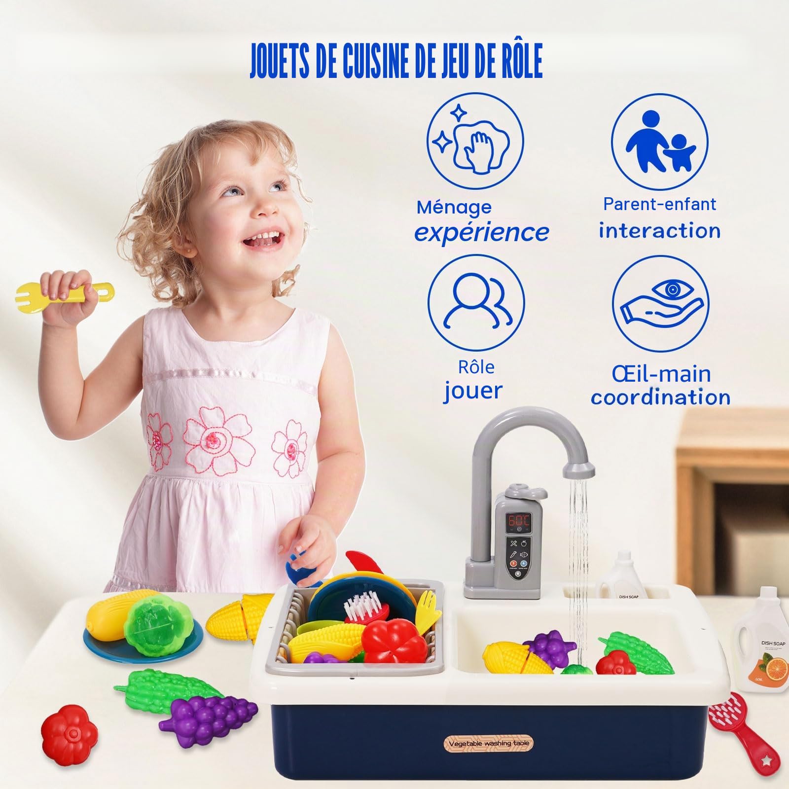 Ensemble évier de Cuisine Jouets avec Robinet Amélioré, Système de Recyclage de l'eau, Lavabo Enfant, Cuisine Exterieur Enfants, Jeu de Rôle pour Garçons Filles de 3 4 5 6 7 Ans(Bleu)