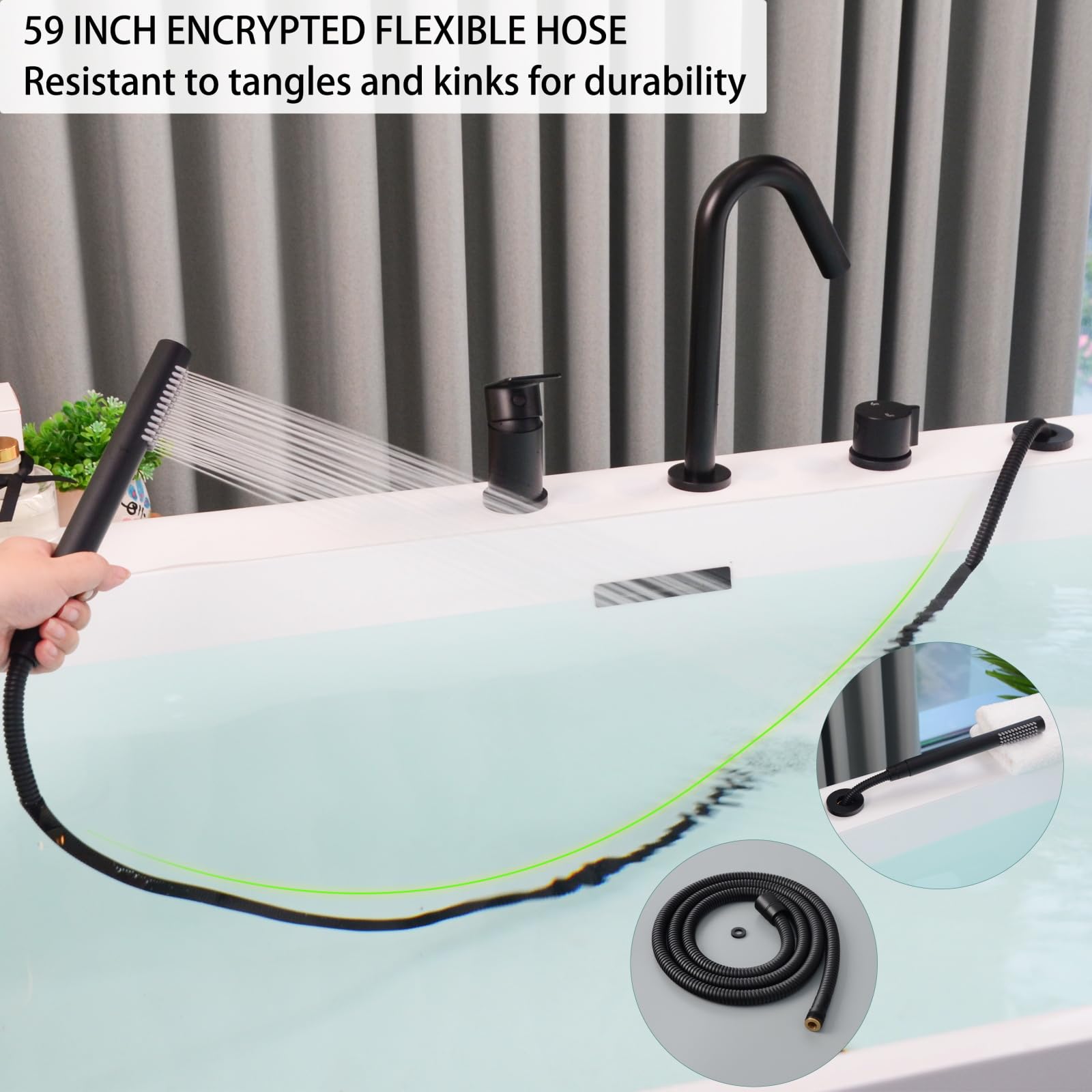 Grifo Bañera 4 Agujeros, Baño Ducha Mezclador con Ducha de Mano, 4 Orificios Grifo de Bañera con Giratorio de 360°, Para Borde de Bañera, Negro, 20Y3OK