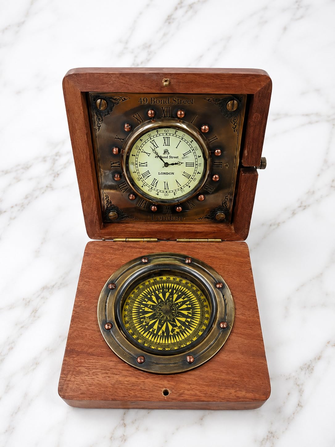 Wooden Navigator Timepiece Compass Box Vintage Maritime Keepsake Desk Accent Explorer Gift Collectible Decorative Case-image-9