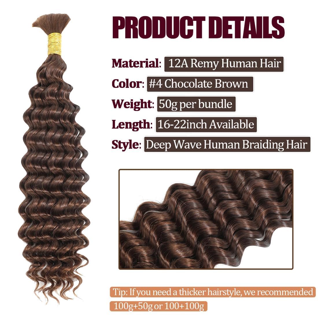 Human Braiding Hair Color 4# 24 Inch Deep Wave 50g Per Bundle 2 Pcs Total 100g Brazilian Virgin Bulk No Weft Braiding Human Hair for Black Women