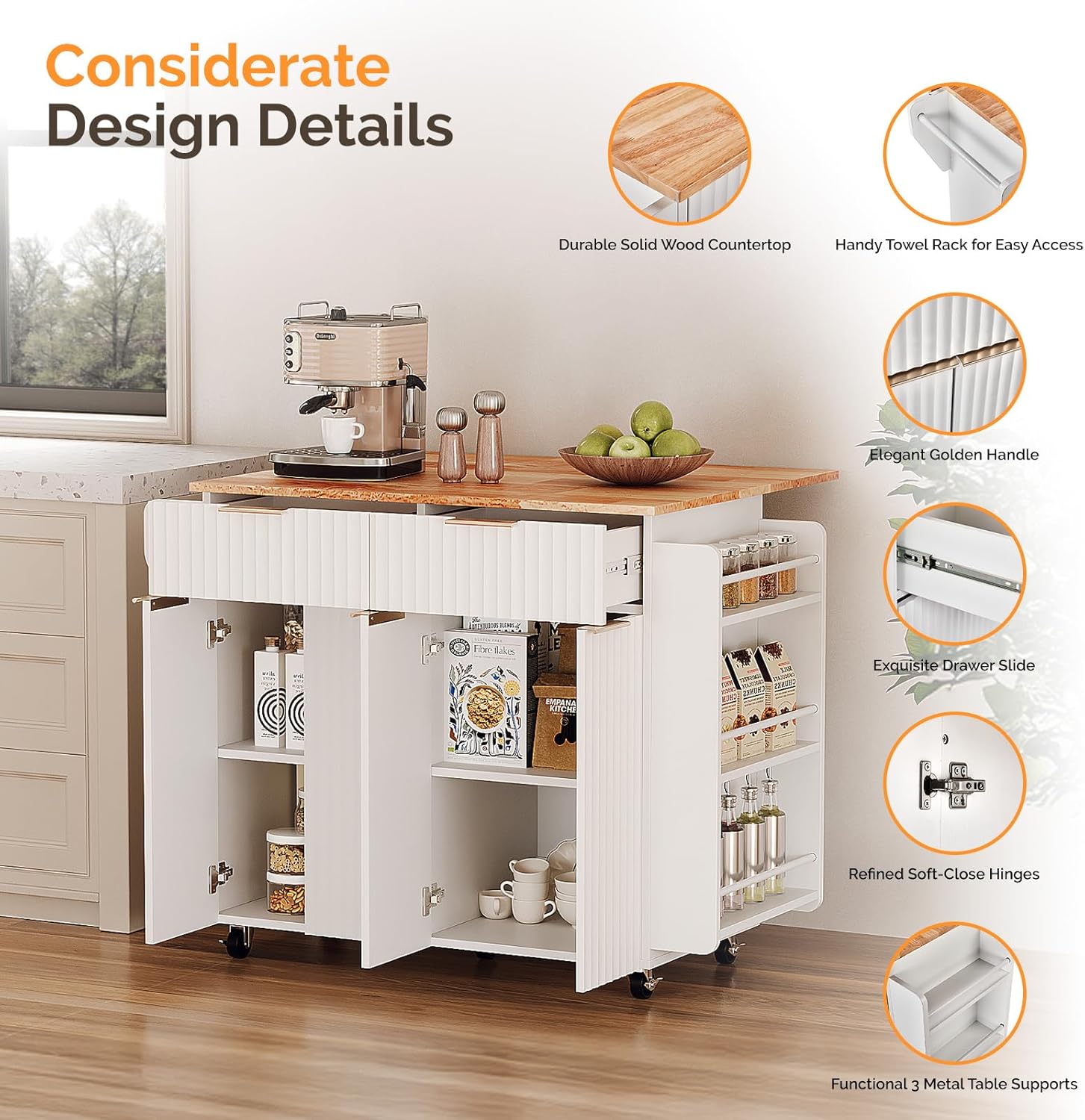 VINGLI Kitchen Island Cart, Large Rubber Wood top Mobile Cart with Storage, Adjustable Shelves, Towel Rack & Safety Bar Storage, Fluted Portable Rolling Kitchen Island with Drop Leaf, White